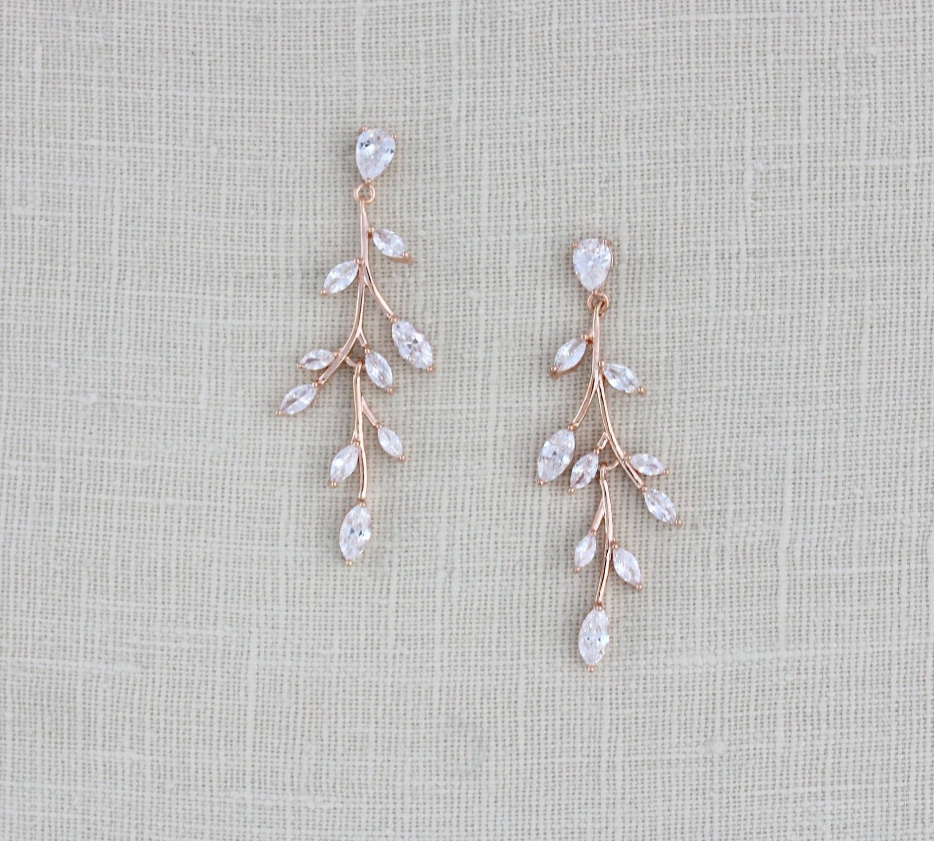 Long Rose gold Cubic Zirconia Bridal earrings - APRILLE - Treasures by Agnes