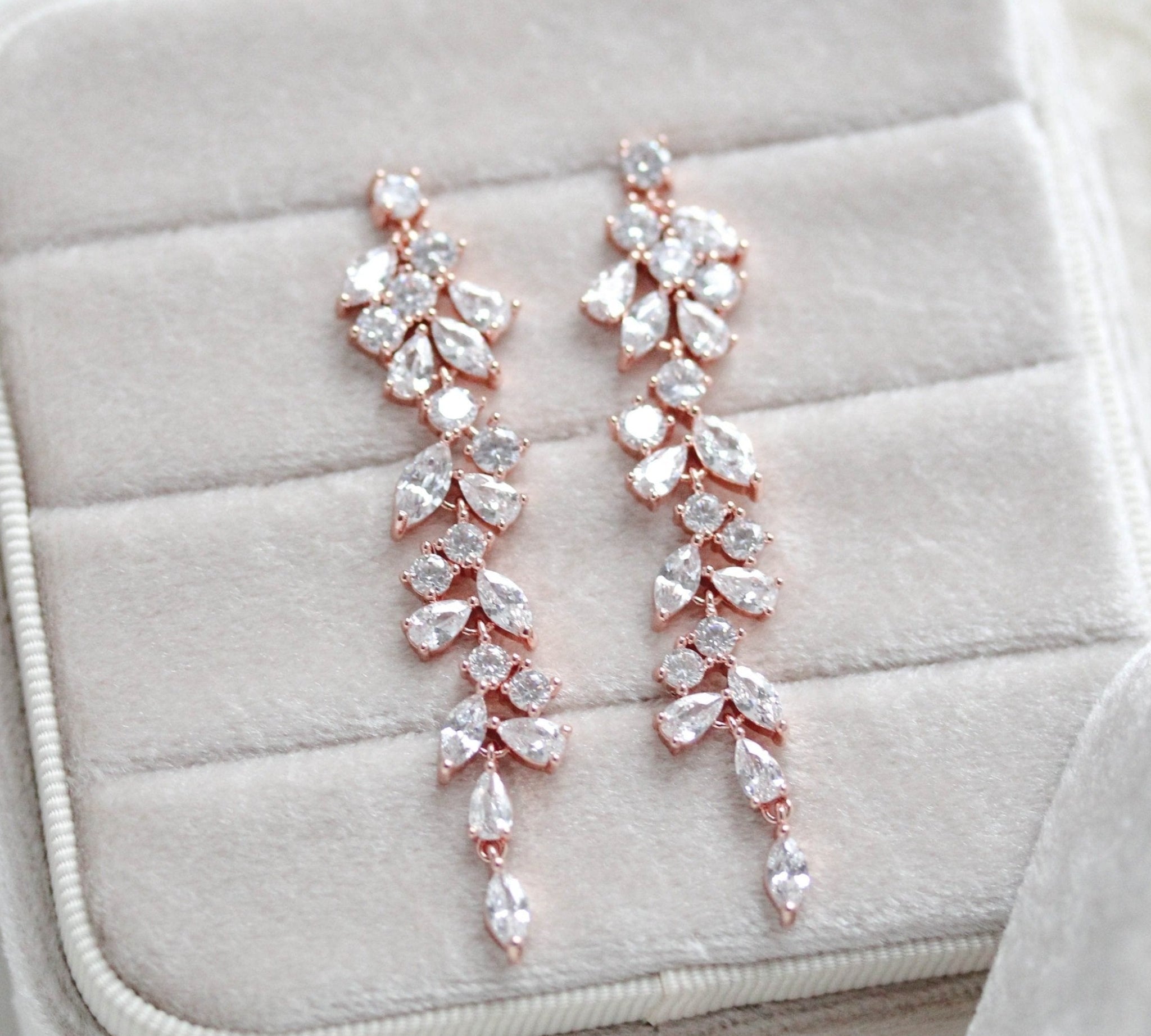 Long rose gold cubic zirconia Bridal earrings - JAMIE