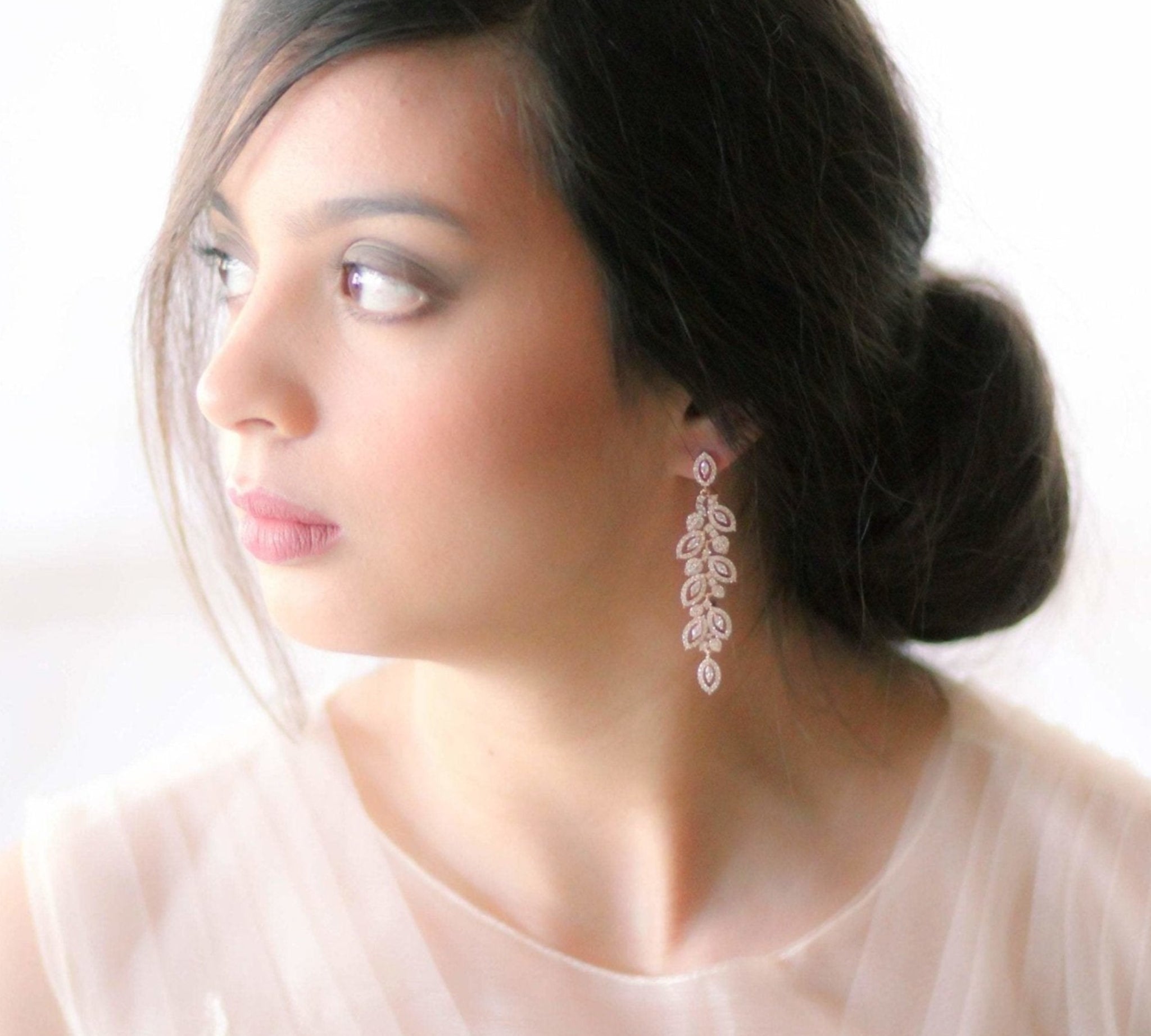Long Rose gold Cubic zirconia Leaf Bridal earrings - MICHELLE - Treasures by Agnes
