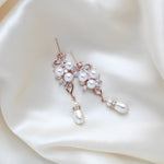 Long Rose gold Pearl drop Bridal earrings - MIA - Treasures by Agnes