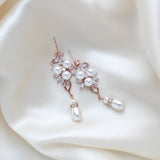 Long Rose gold Pearl drop Bridal earrings - MIA - Treasures by Agnes