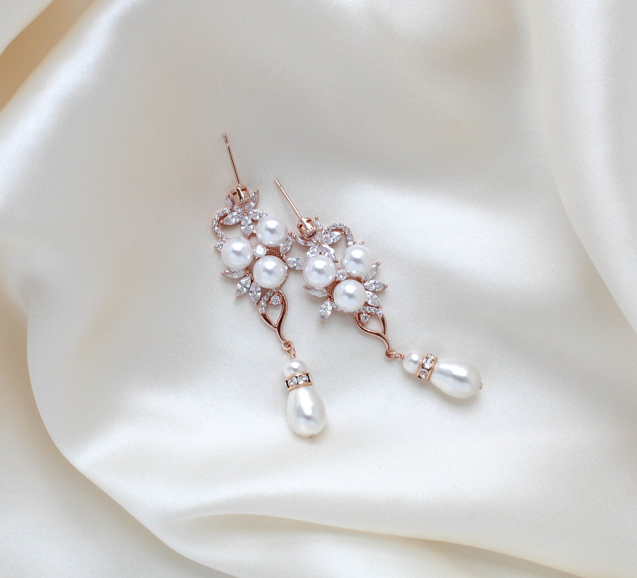 Long Rose gold Pearl drop Bridal earrings - MIA - Treasures by Agnes