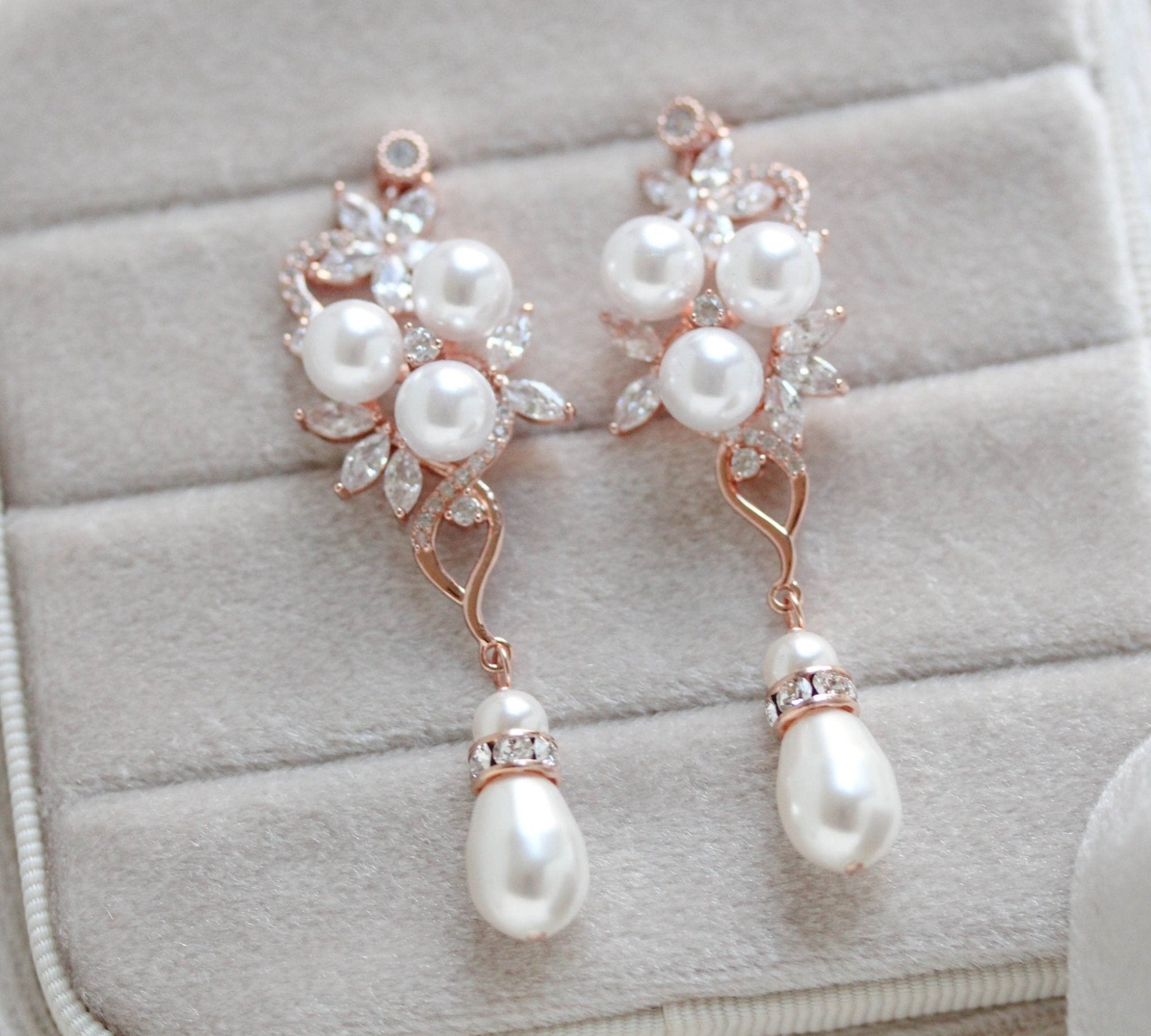 Long Rose gold Pearl drop Bridal earrings - MIA - Treasures by Agnes