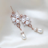Long Rose gold Pearl drop Bridal earrings - MIA - Treasures by Agnes