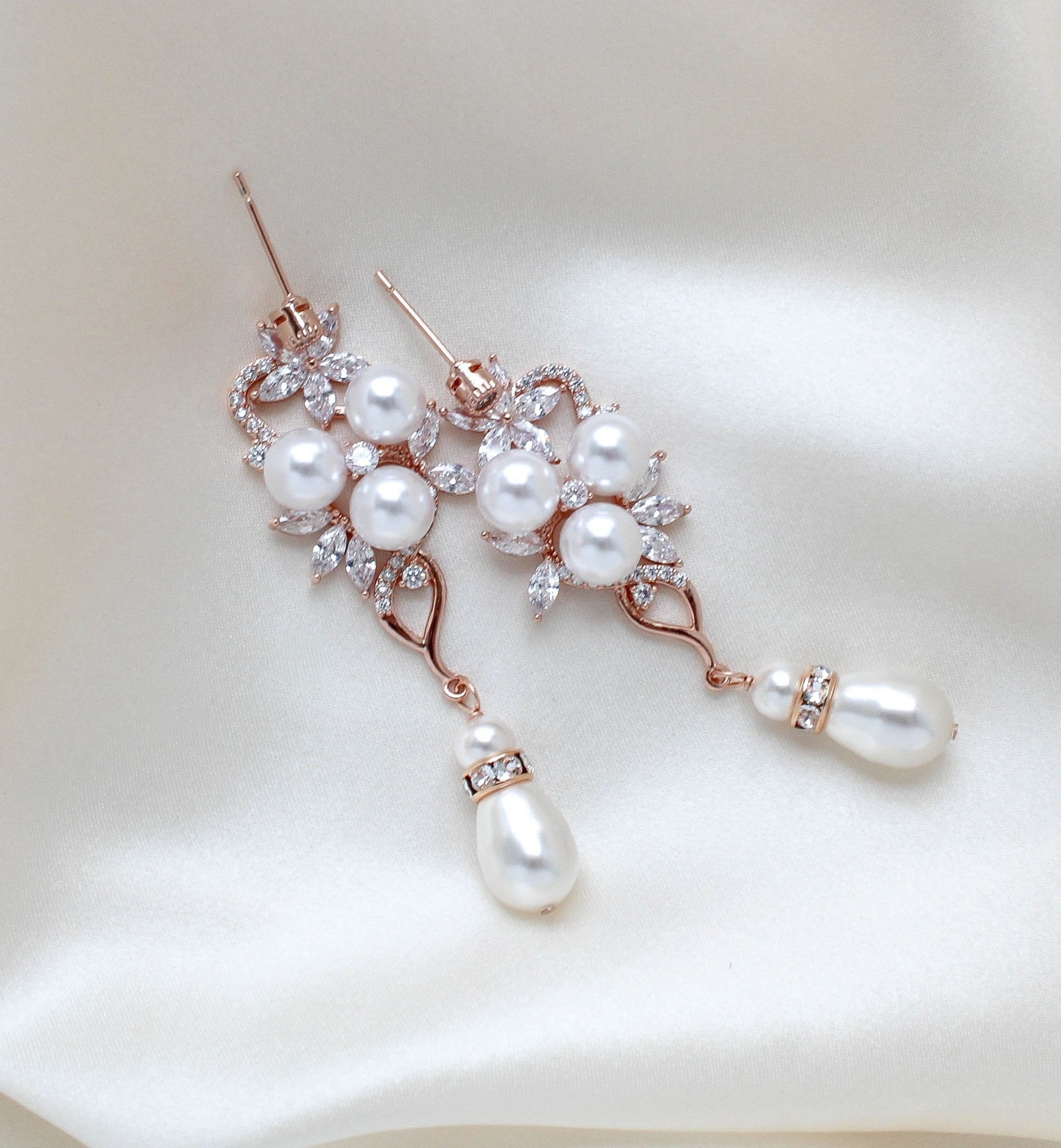 Long Rose gold Pearl drop Bridal earrings - MIA - Treasures by Agnes