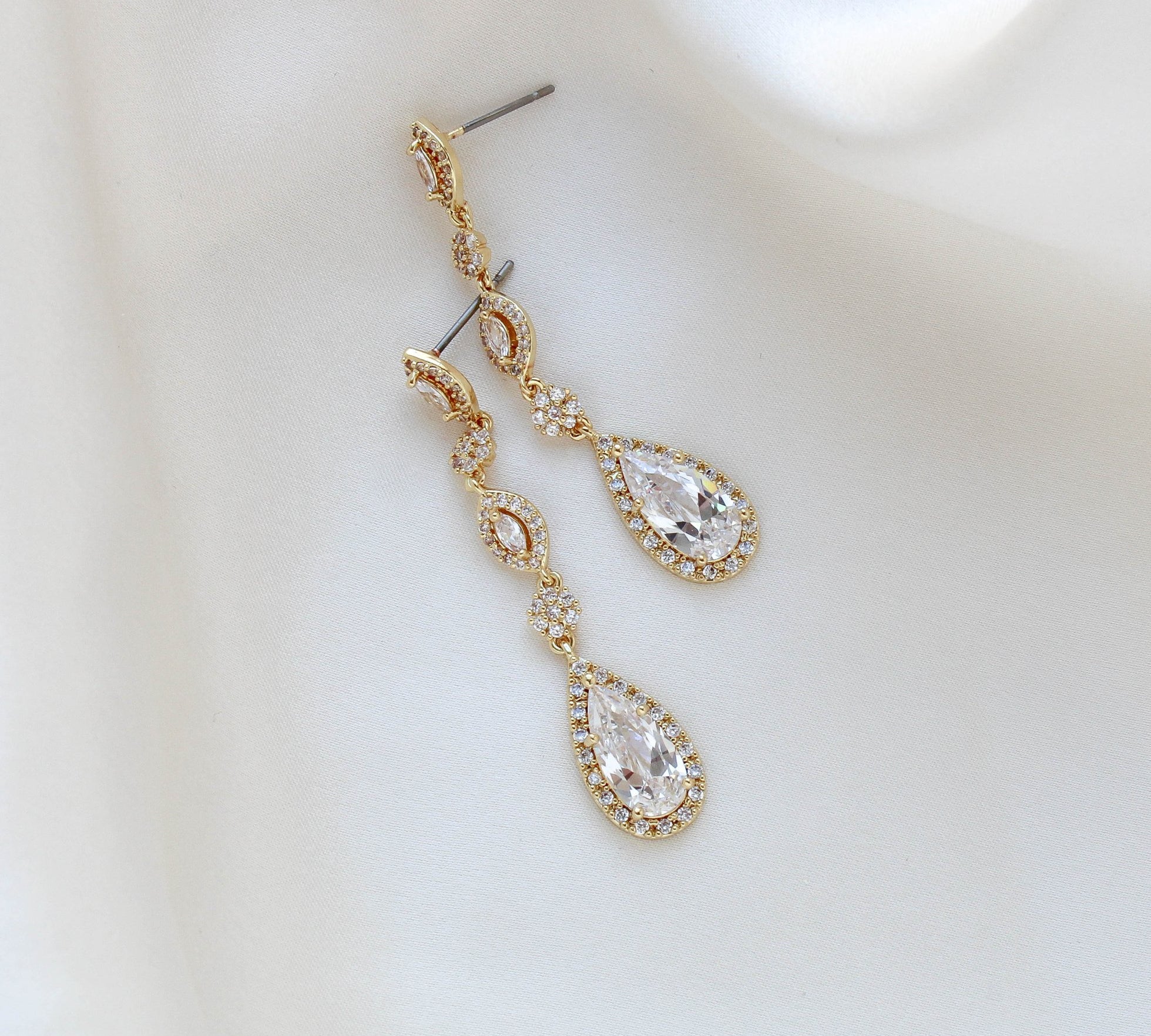 Long Rose gold teardrop Bridal earrings - BIJOU - Treasures by Agnes