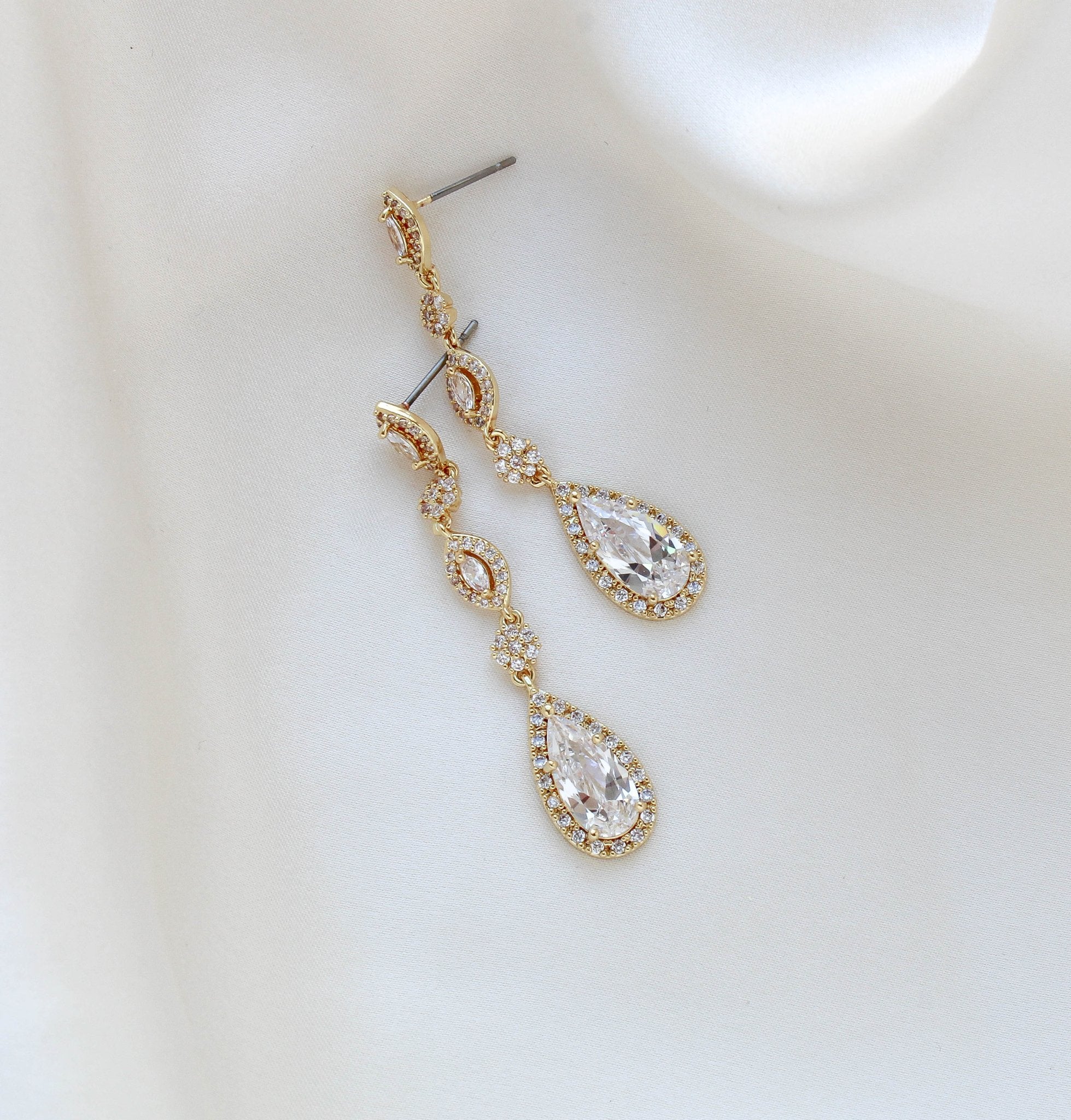 Long Rose gold teardrop Bridal earrings - BIJOU - Treasures by Agnes