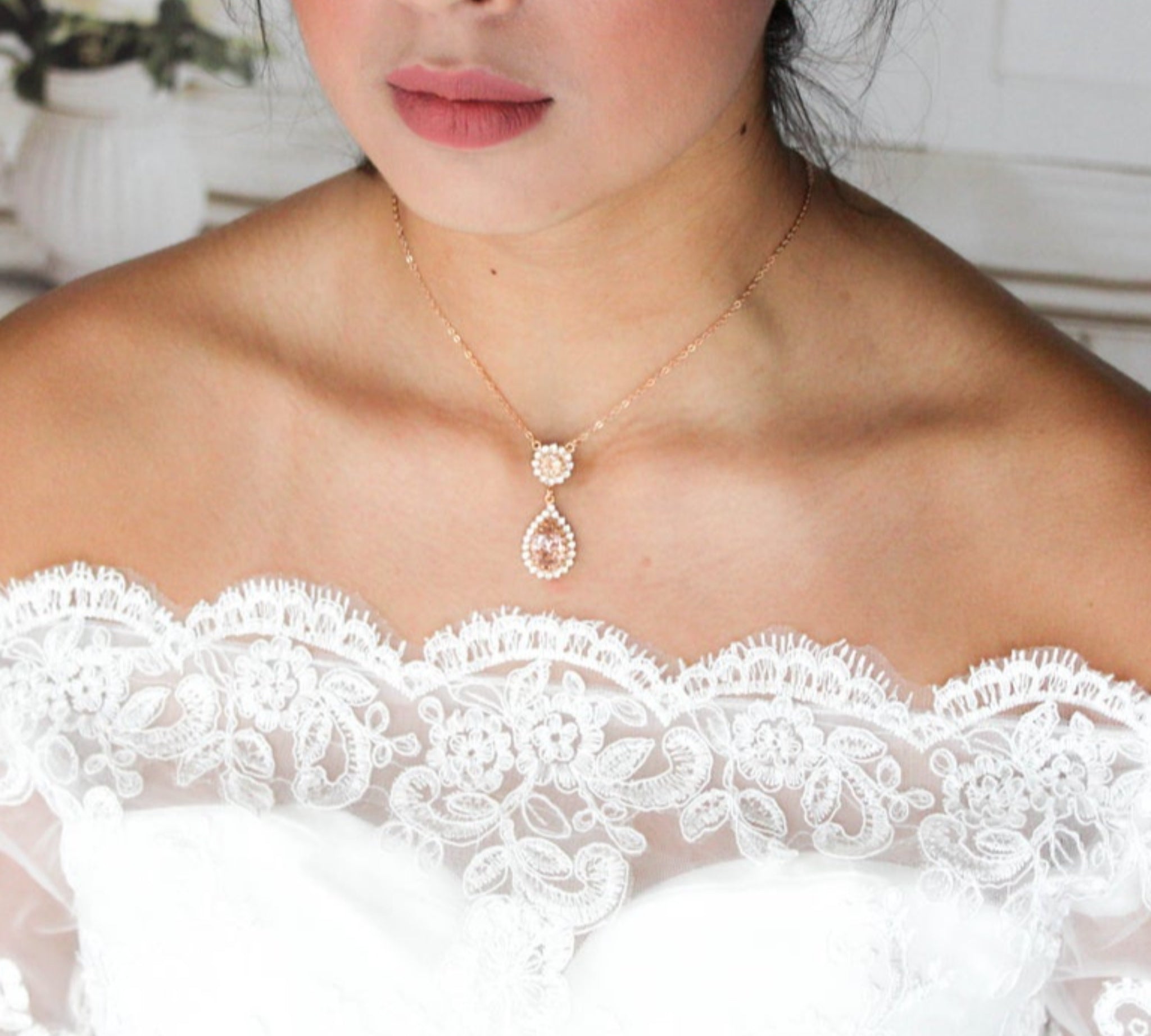 Rose gold and blush teardrop pedant necklace - ALAYNA - Treasures by Agnes