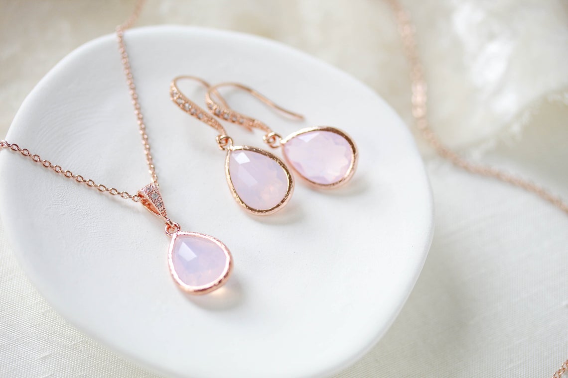 Rose gold backdrop necklace and earrings with pink opal gemstones - DANA - Treasures by Agnes
