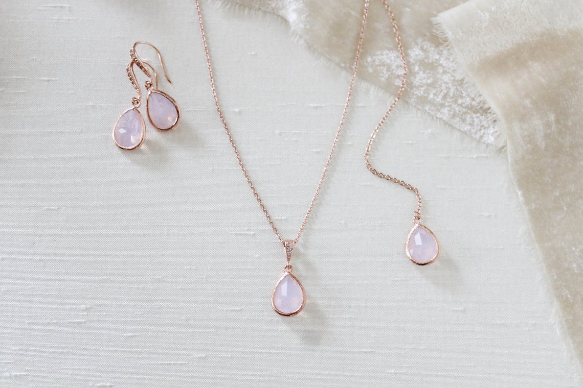 Rose gold backdrop necklace and earrings with pink opal gemstones - DANA - Treasures by Agnes