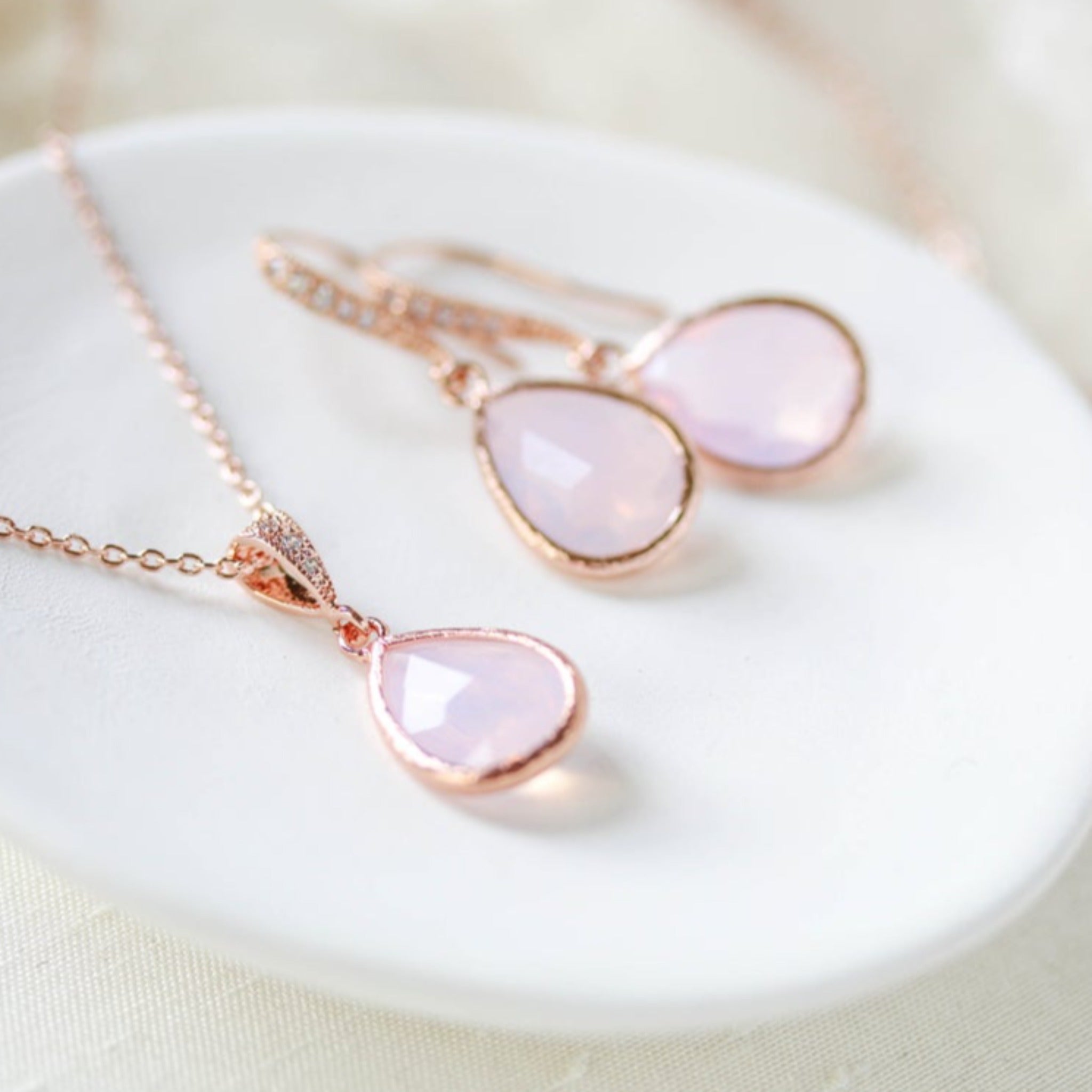 Rose gold backdrop necklace and earrings with pink opal gemstones - DANA - Treasures by Agnes