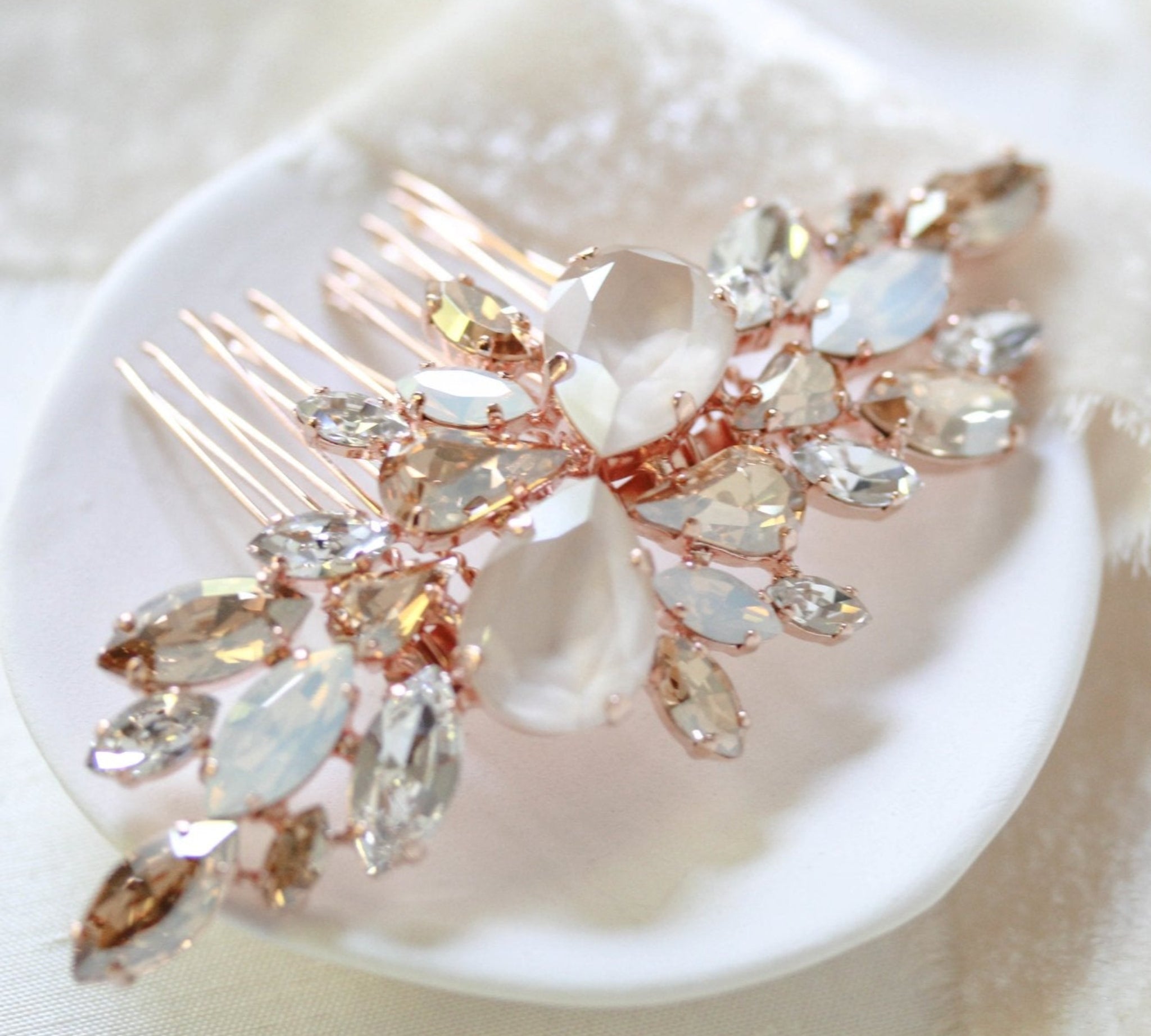 Rose gold Bridal hair comb with Ivory cream and white opal crystals - REESE - Treasures by Agnes