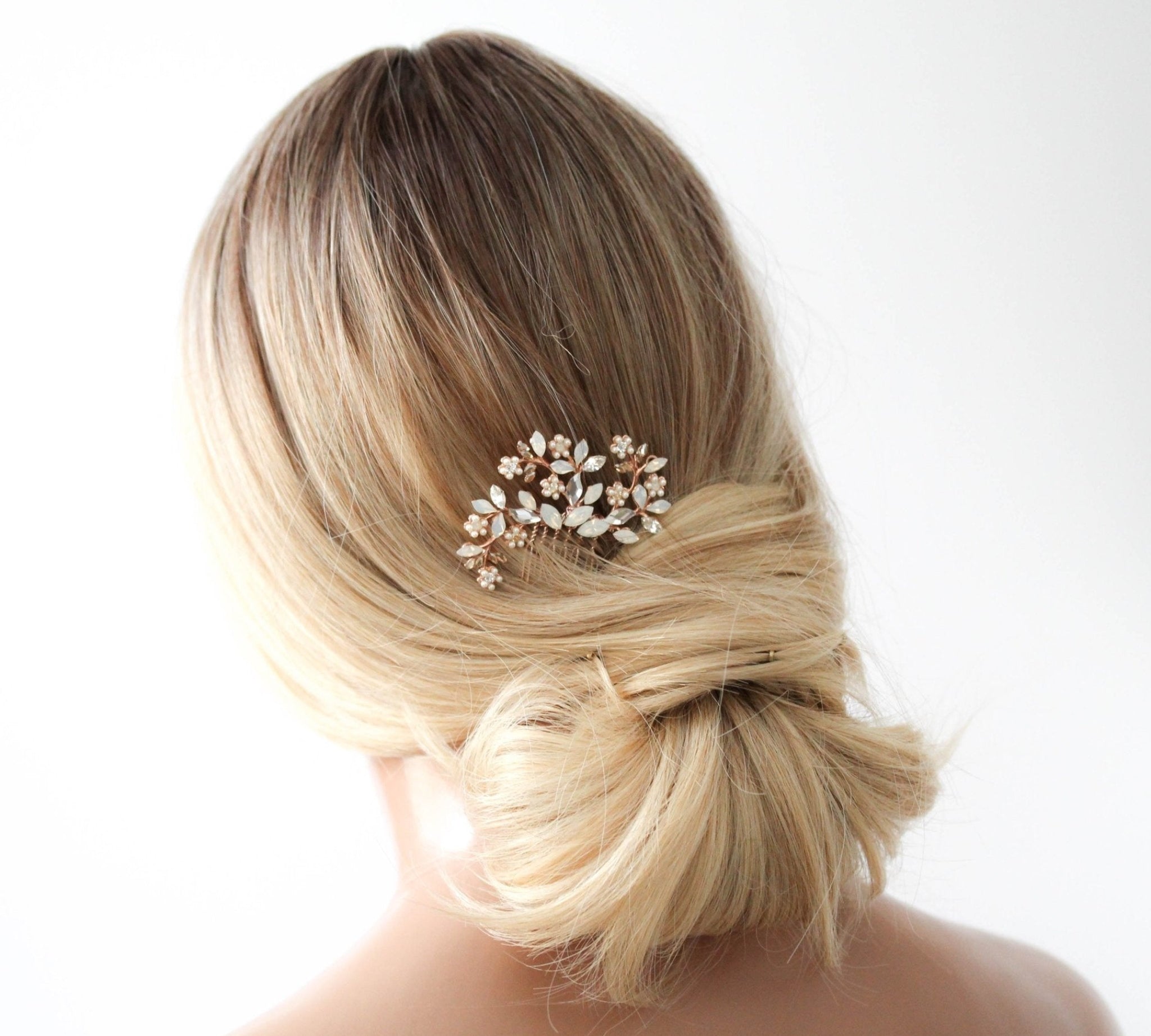 Rose gold Bridal hair comb with white opal crystals and pearls - EVA - Treasures by Agnes