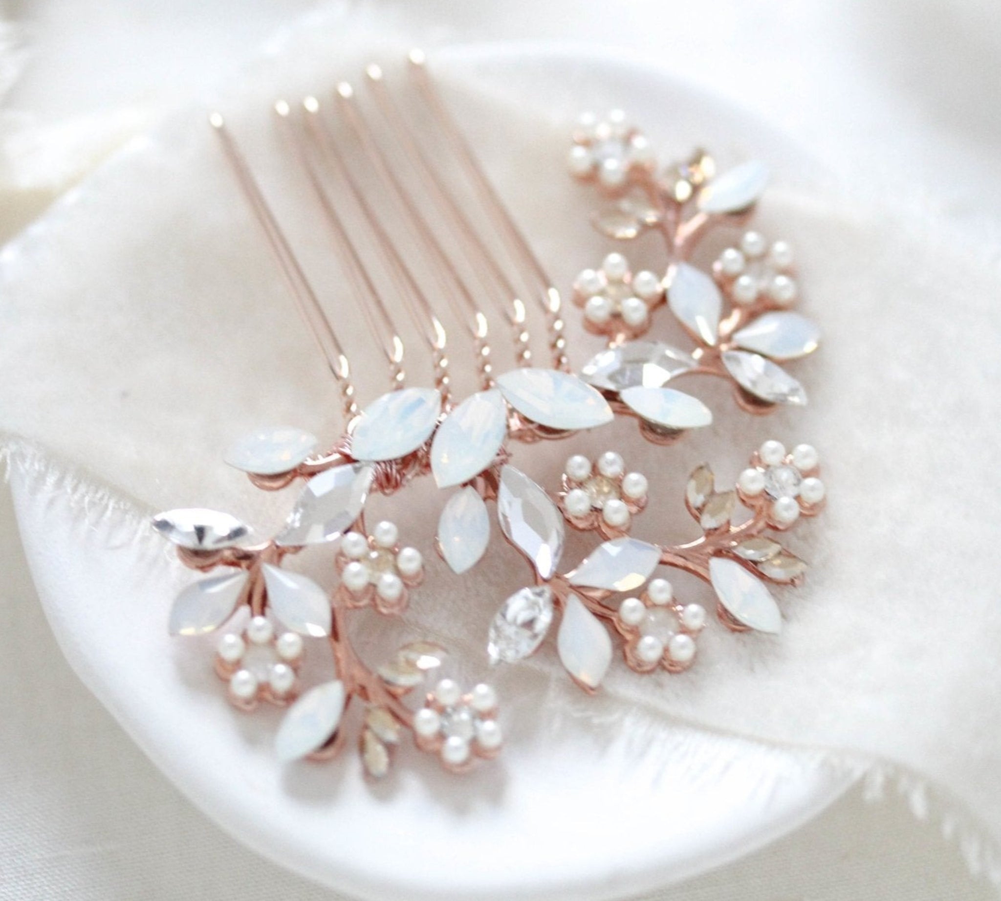 Rose gold Bridal hair comb with white opal crystals and pearls - EVA - Treasures by Agnes