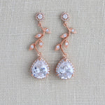 Rose gold crystal drop leaf bridal earrings - RYLIE - Treasures by Agnes