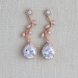 Rose gold crystal drop leaf bridal earrings - RYLIE - Treasures by Agnes