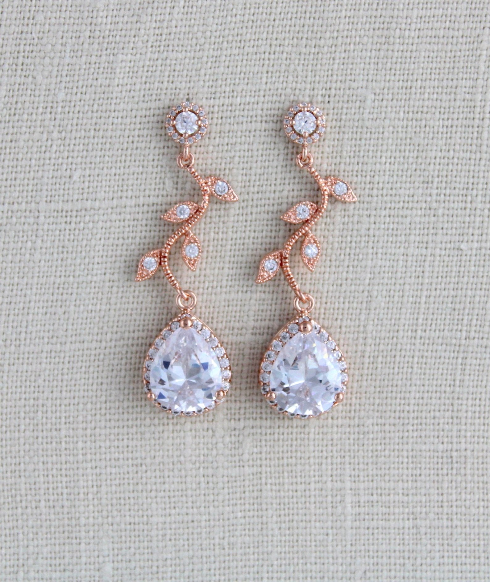 Rose gold crystal drop leaf bridal earrings - RYLIE - Treasures by Agnes