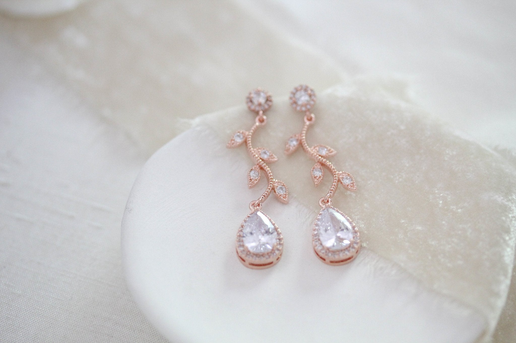 Rose gold crystal drop leaf bridal earrings - RYLIE - Treasures by Agnes