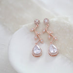 Rose gold crystal drop leaf bridal earrings - RYLIE - Treasures by Agnes