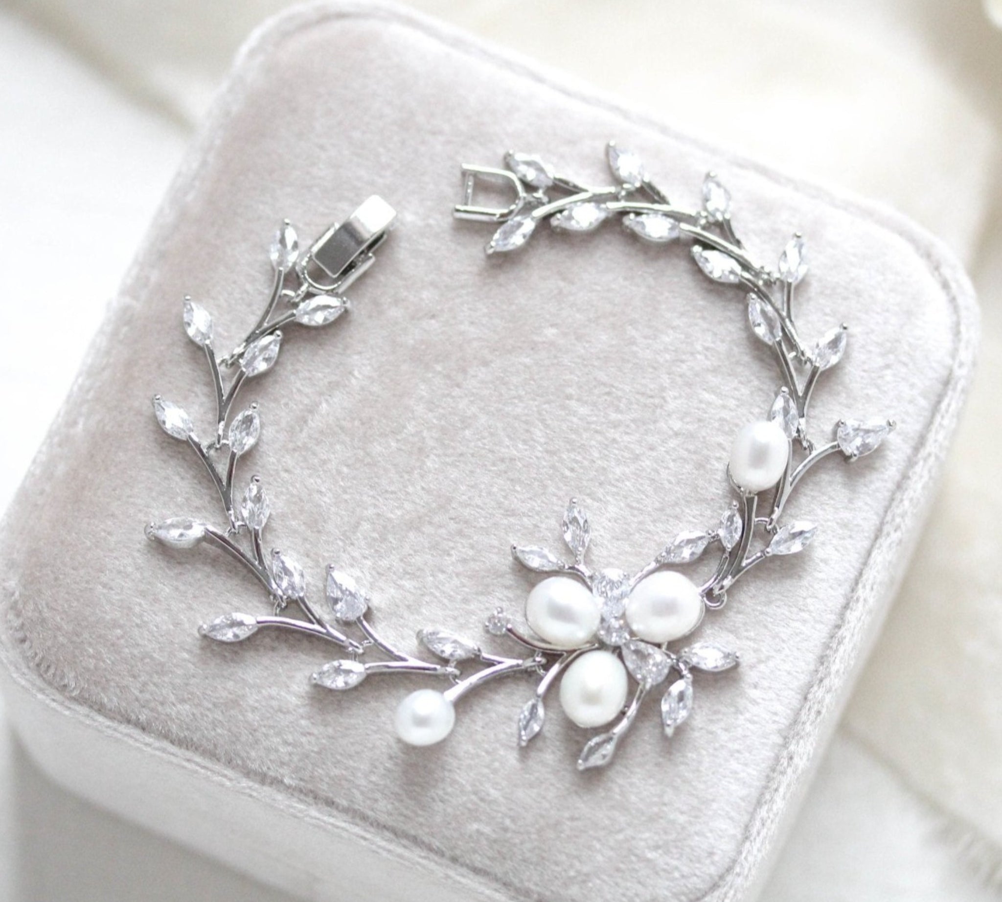 Rose gold Cubic Zirconia and Freshwater pearl Bridal bracelet - AMARI - Treasures by Agnes