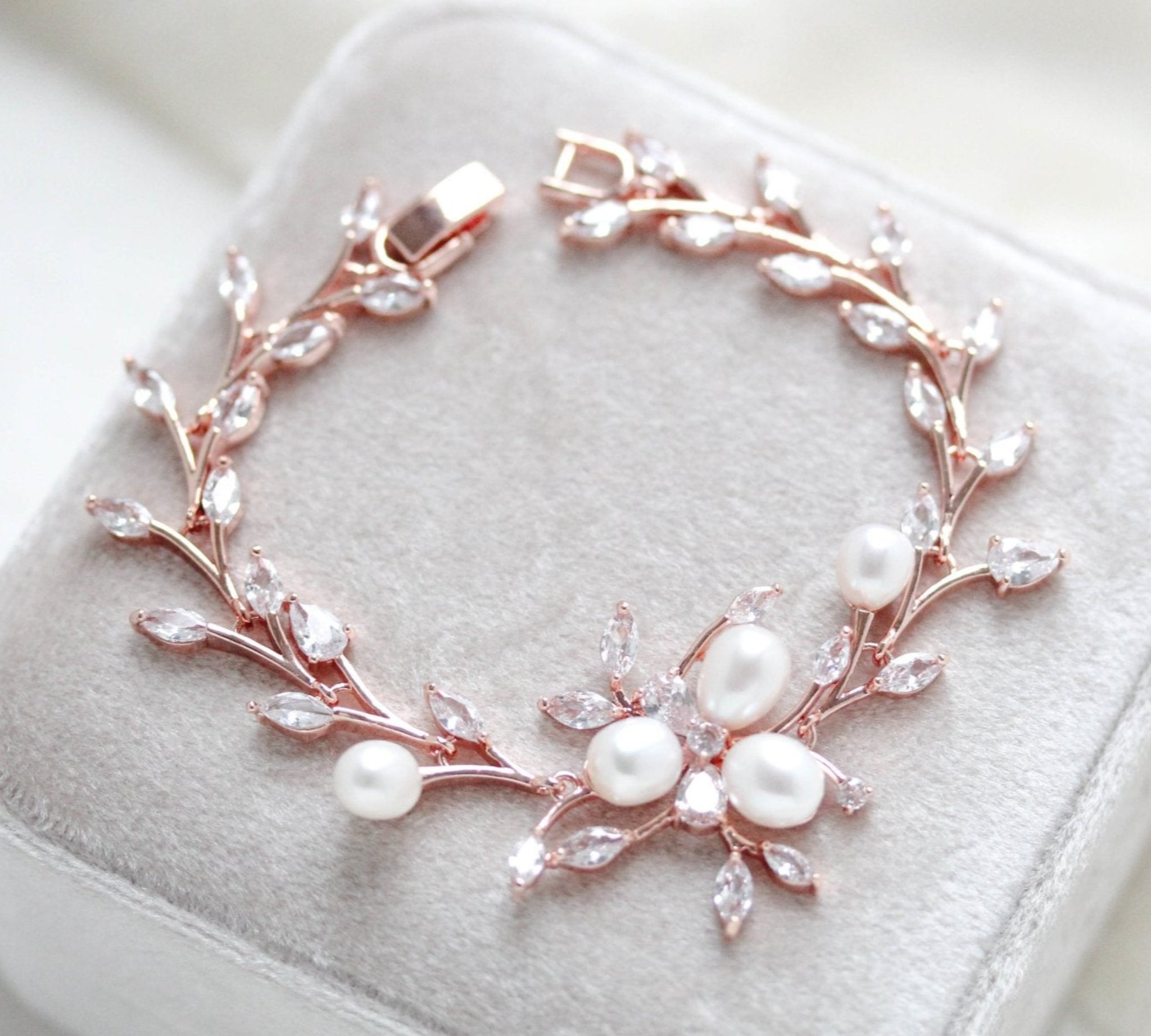 Rose gold Cubic Zirconia and Freshwater pearl Bridal bracelet - AMARI - Treasures by Agnes