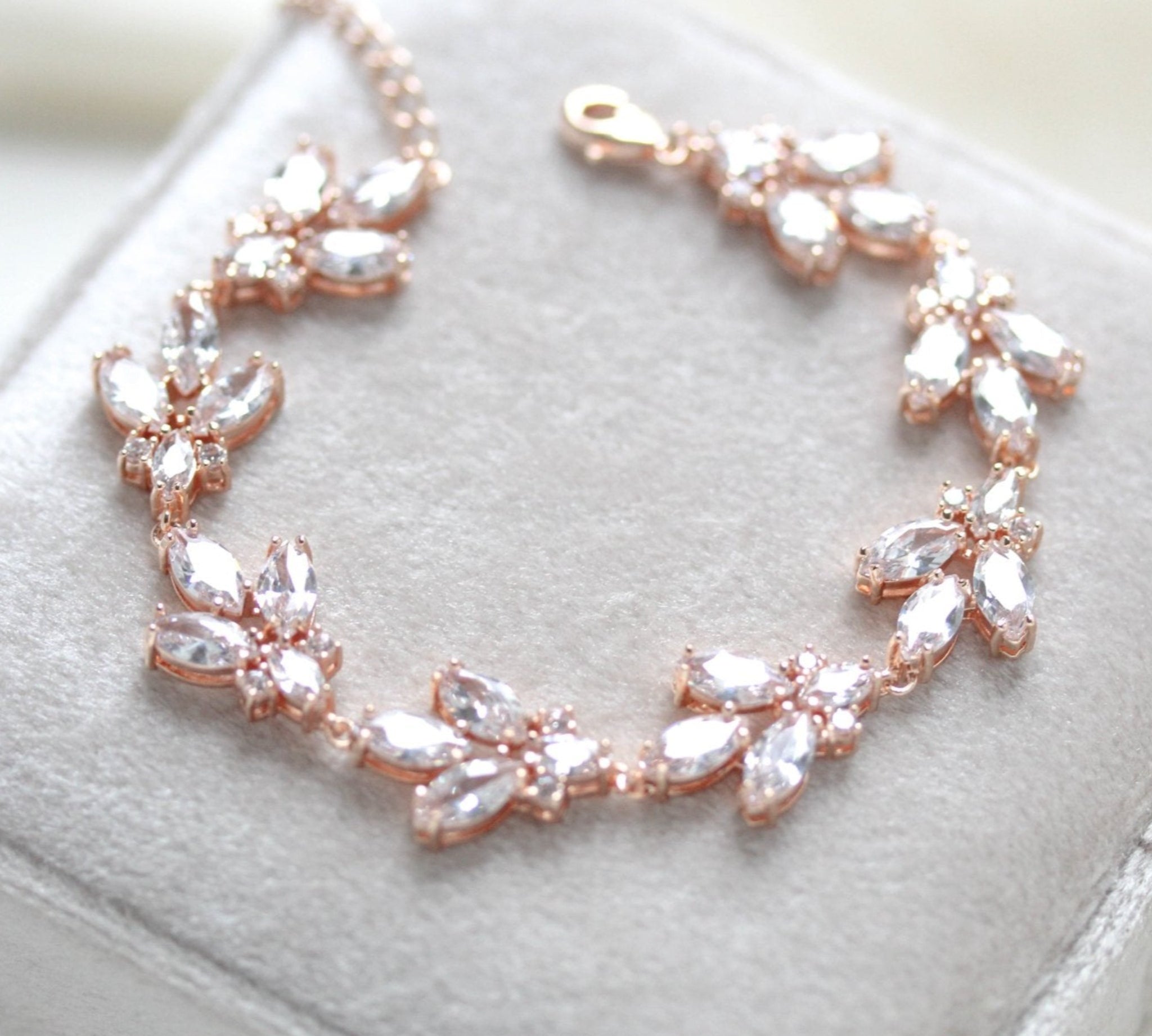 Rose gold Cubic Zirconia Bridal bracelet Leaf style - DIVINE - Treasures by Agnes