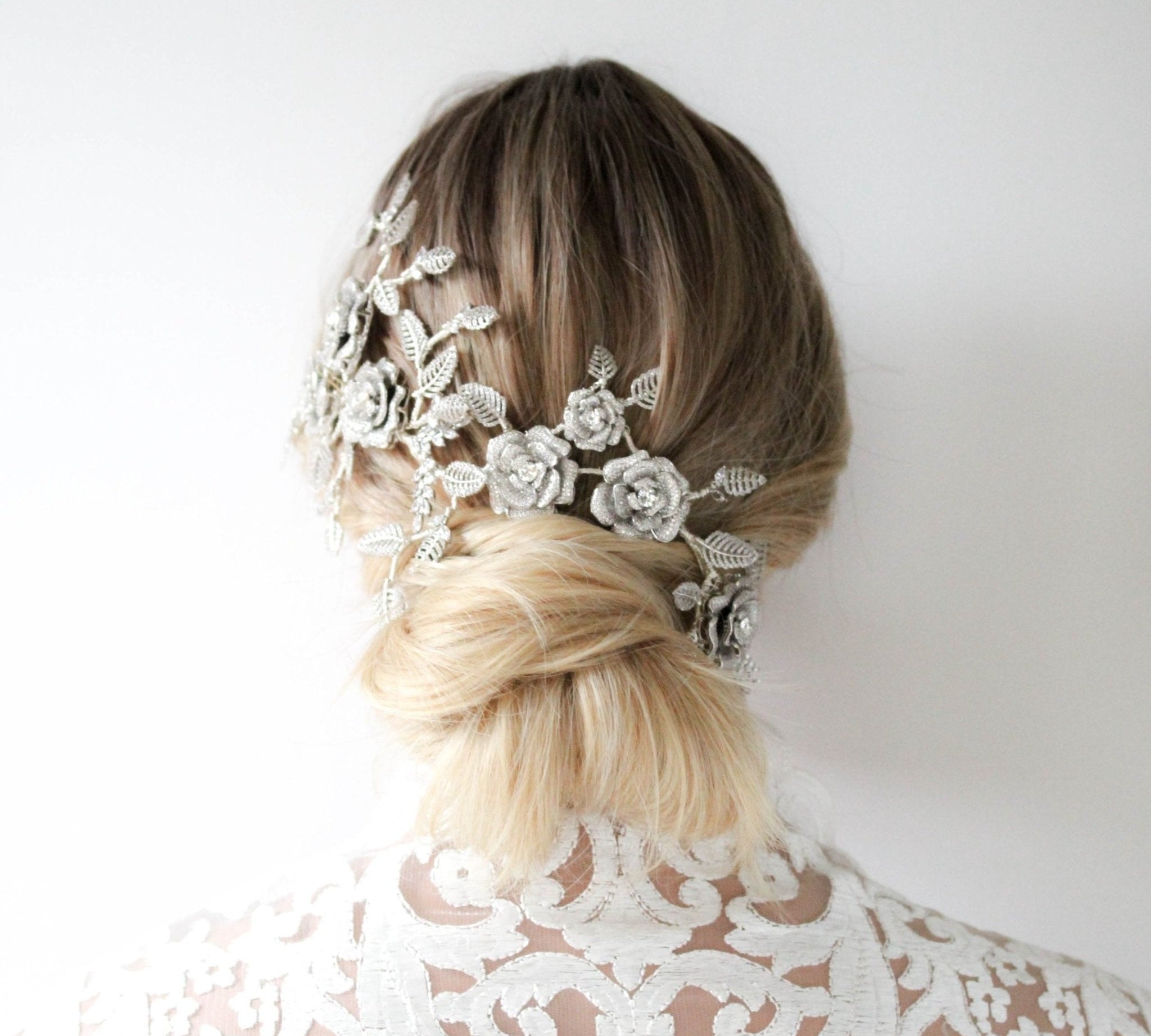 Rose gold Cubic zirconia Floral Bridal hair vine headpiece - INNA