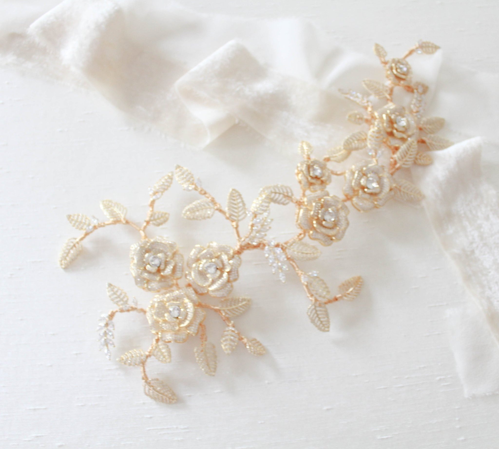 Rose gold Cubic zirconia Floral Bridal hair vine headpiece - INNA