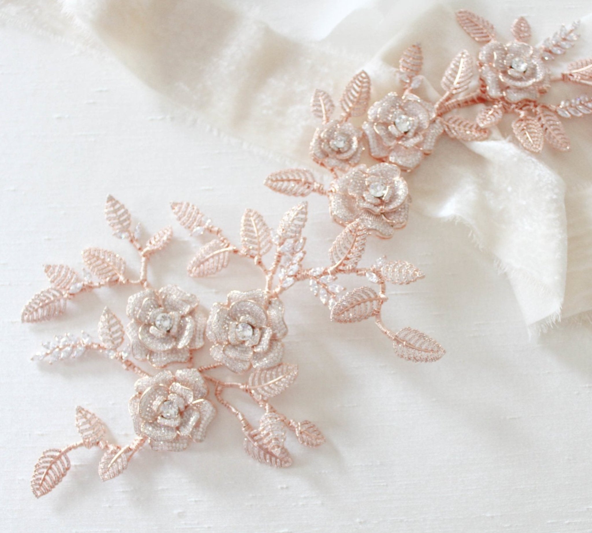 Rose gold Cubic zirconia Floral Bridal hair vine headpiece - INNA