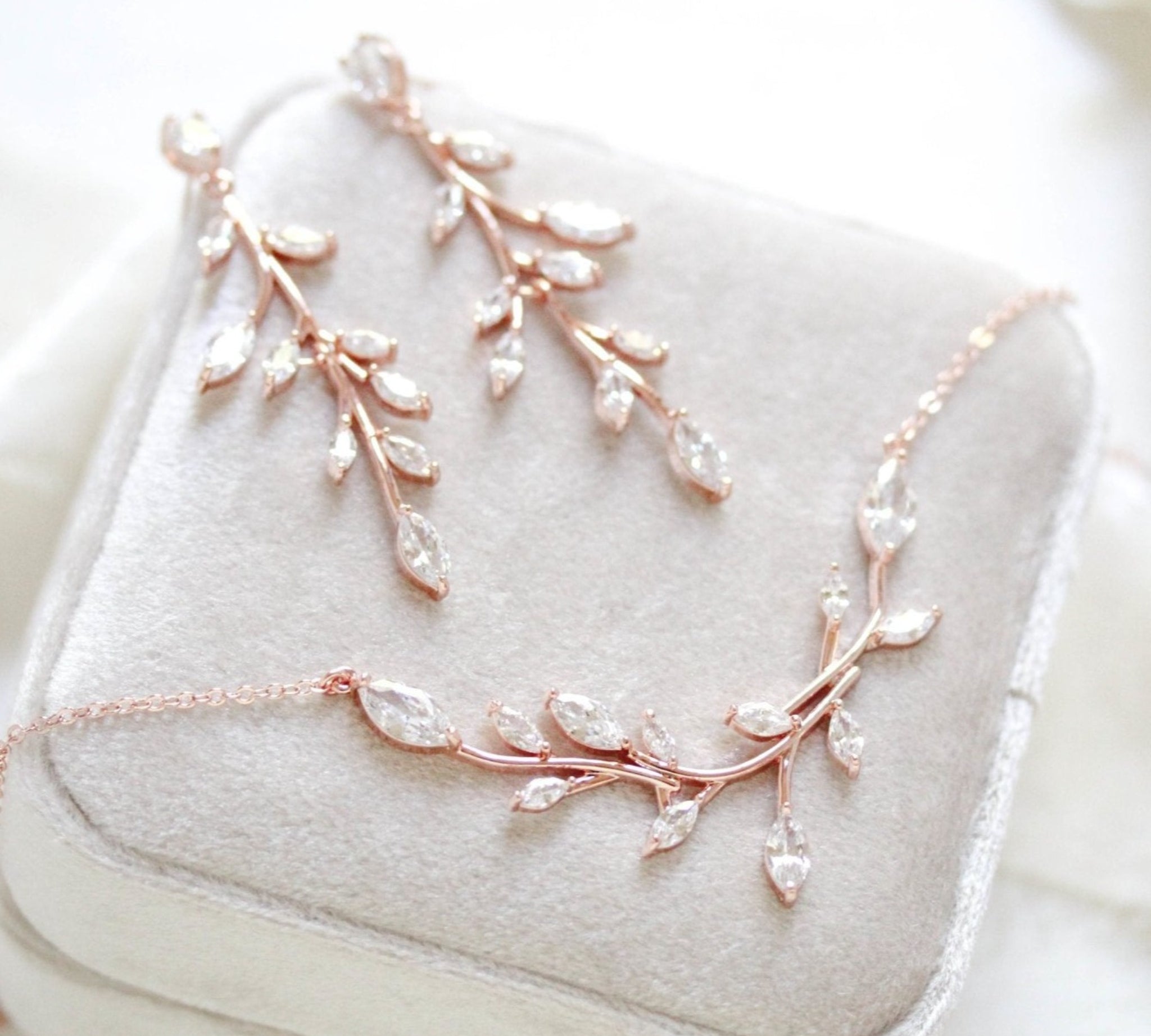 Rose gold Cubic Zirconia Bridal necklace and earring set - APRILLE - Treasures by Agnes