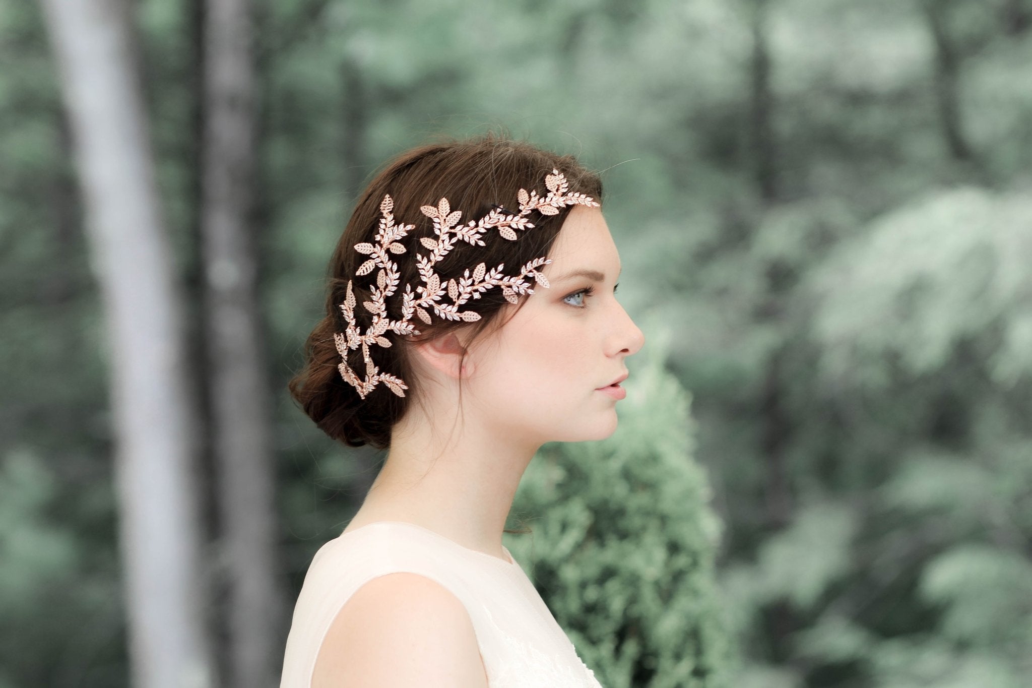 Rose gold cubic zirconia leaf hair vine wedding headpiece - MARTINA - Treasures by Agnes