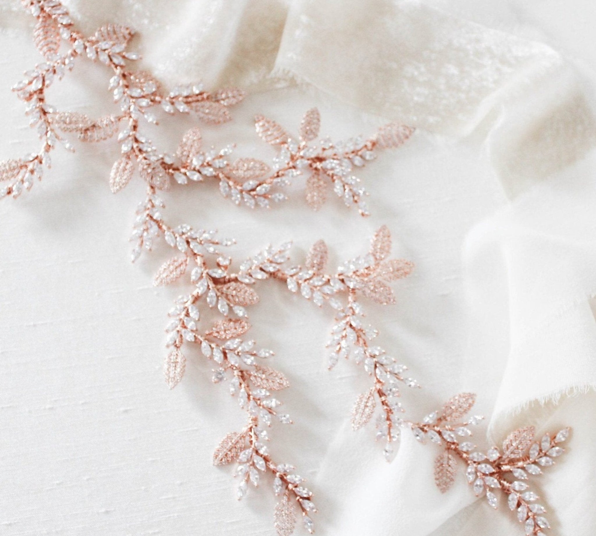 Rose gold cubic zirconia leaf hair vine wedding headpiece - MARTINA - Treasures by Agnes