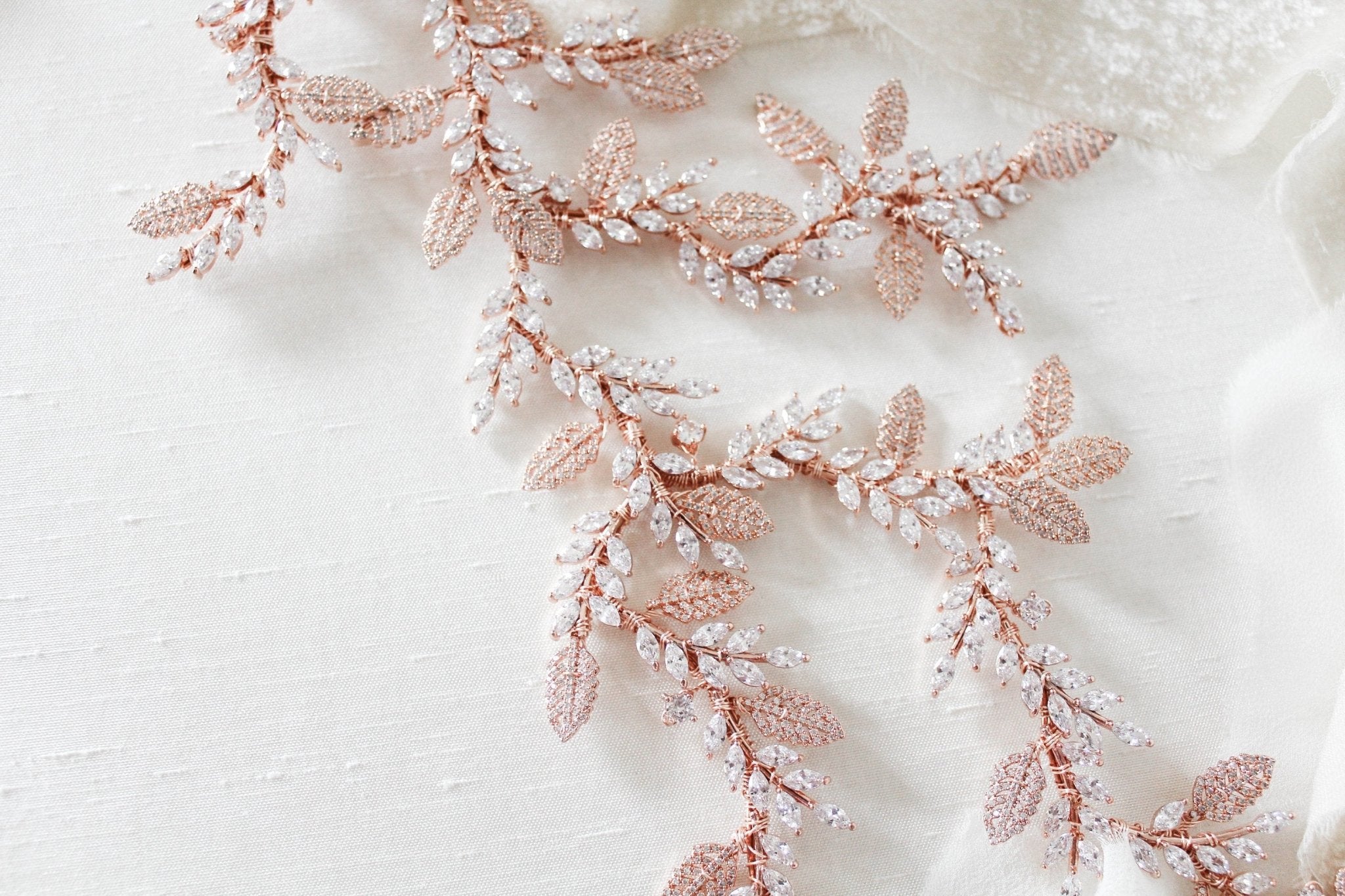 Rose gold cubic zirconia leaf hair vine wedding headpiece - MARTINA - Treasures by Agnes