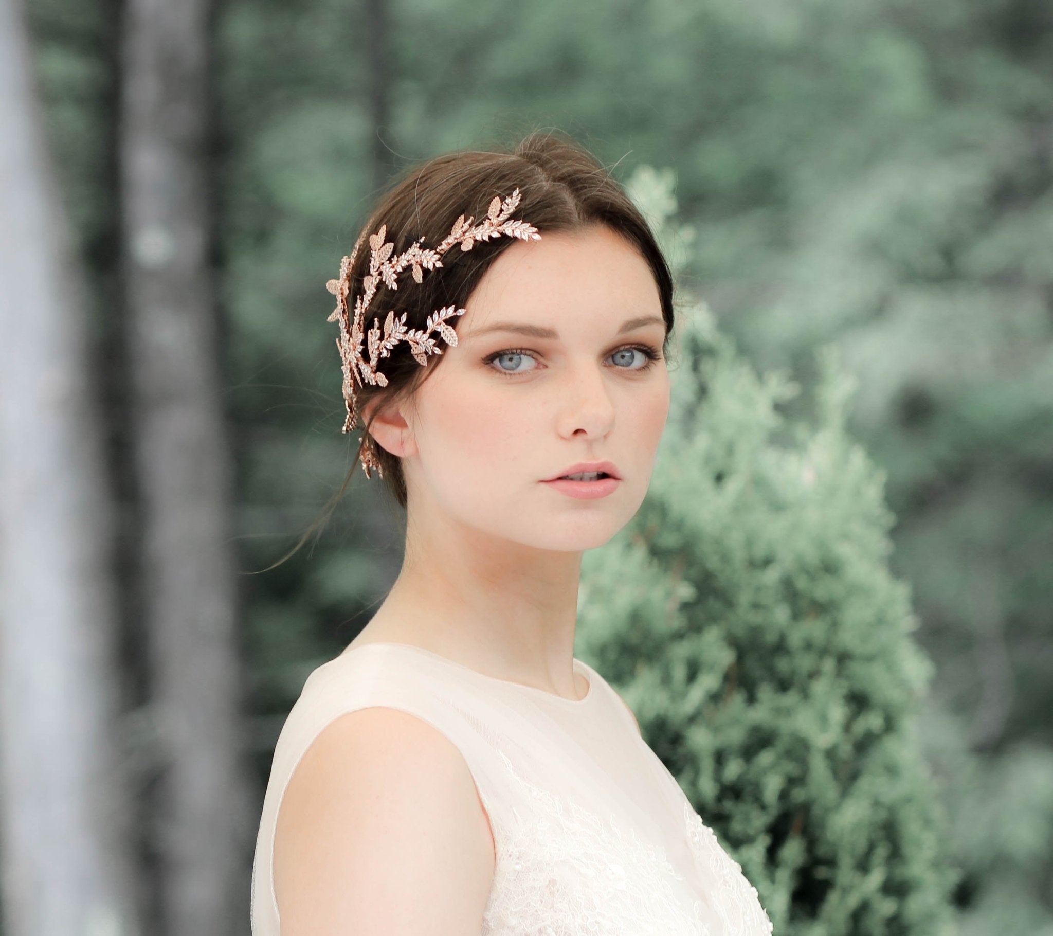 Rose gold cubic zirconia leaf hair vine wedding headpiece - MARTINA - Treasures by Agnes