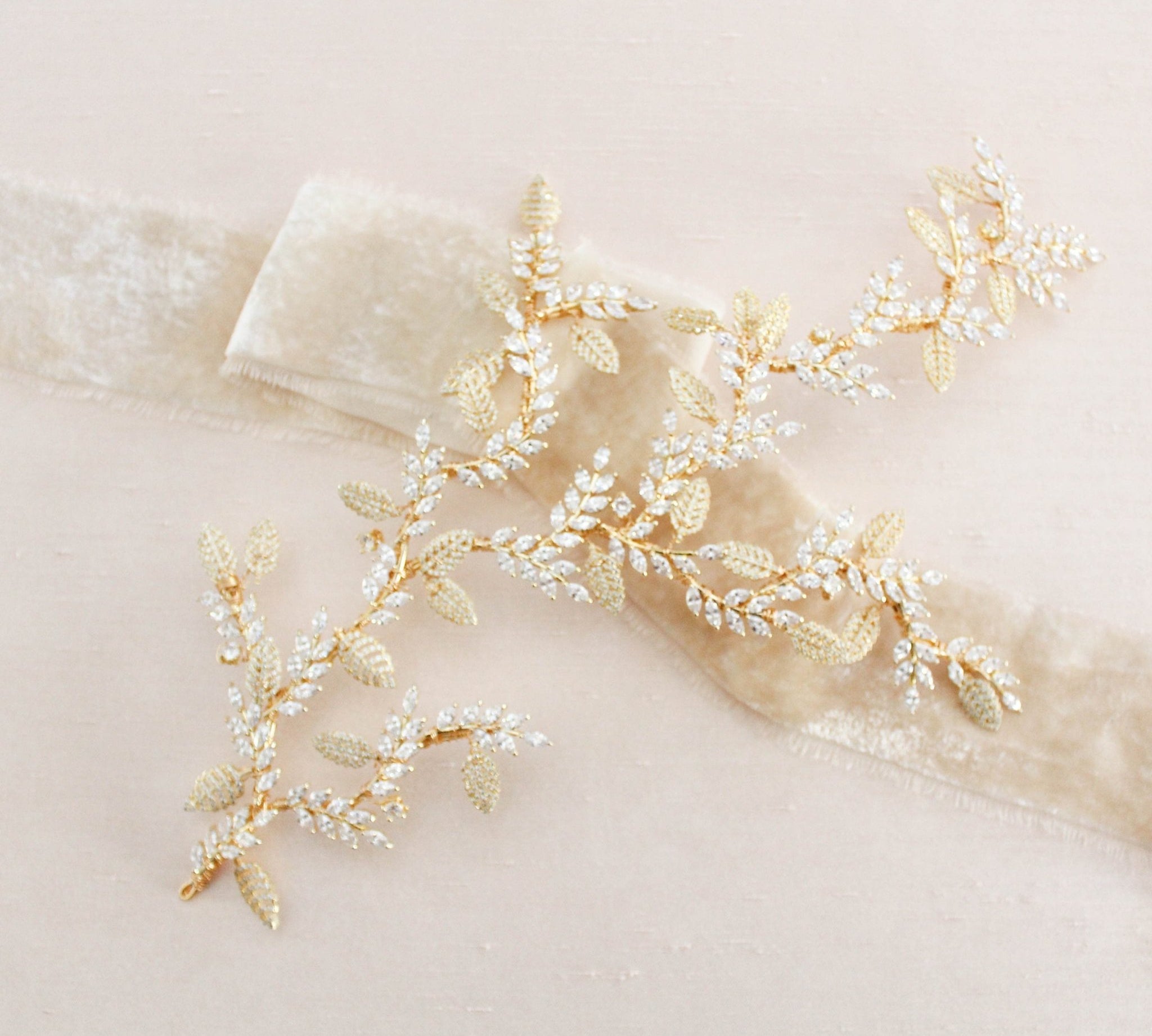 Rose gold cubic zirconia leaf hair vine wedding headpiece - MARTINA - Treasures by Agnes