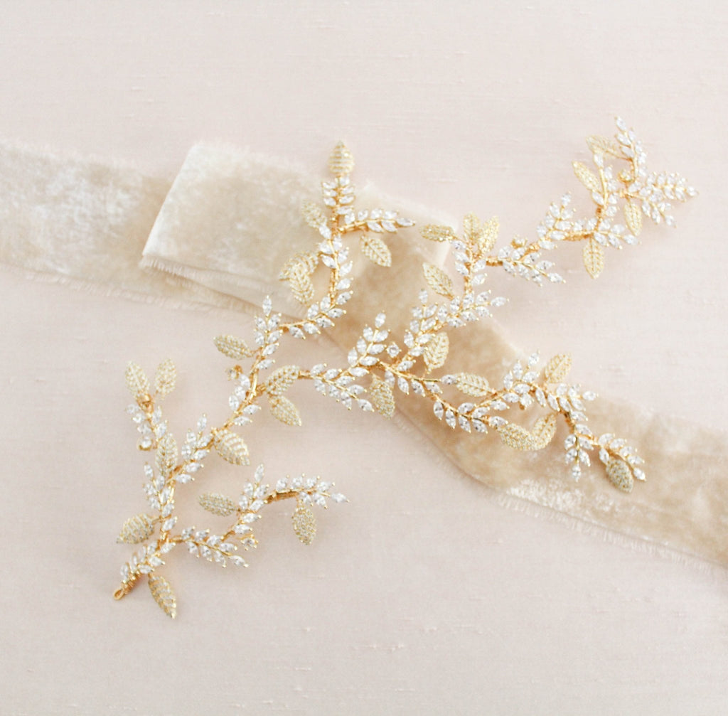 Rose gold cubic zirconia leaf hair vine wedding headpiece - MARTINA - Treasures by Agnes