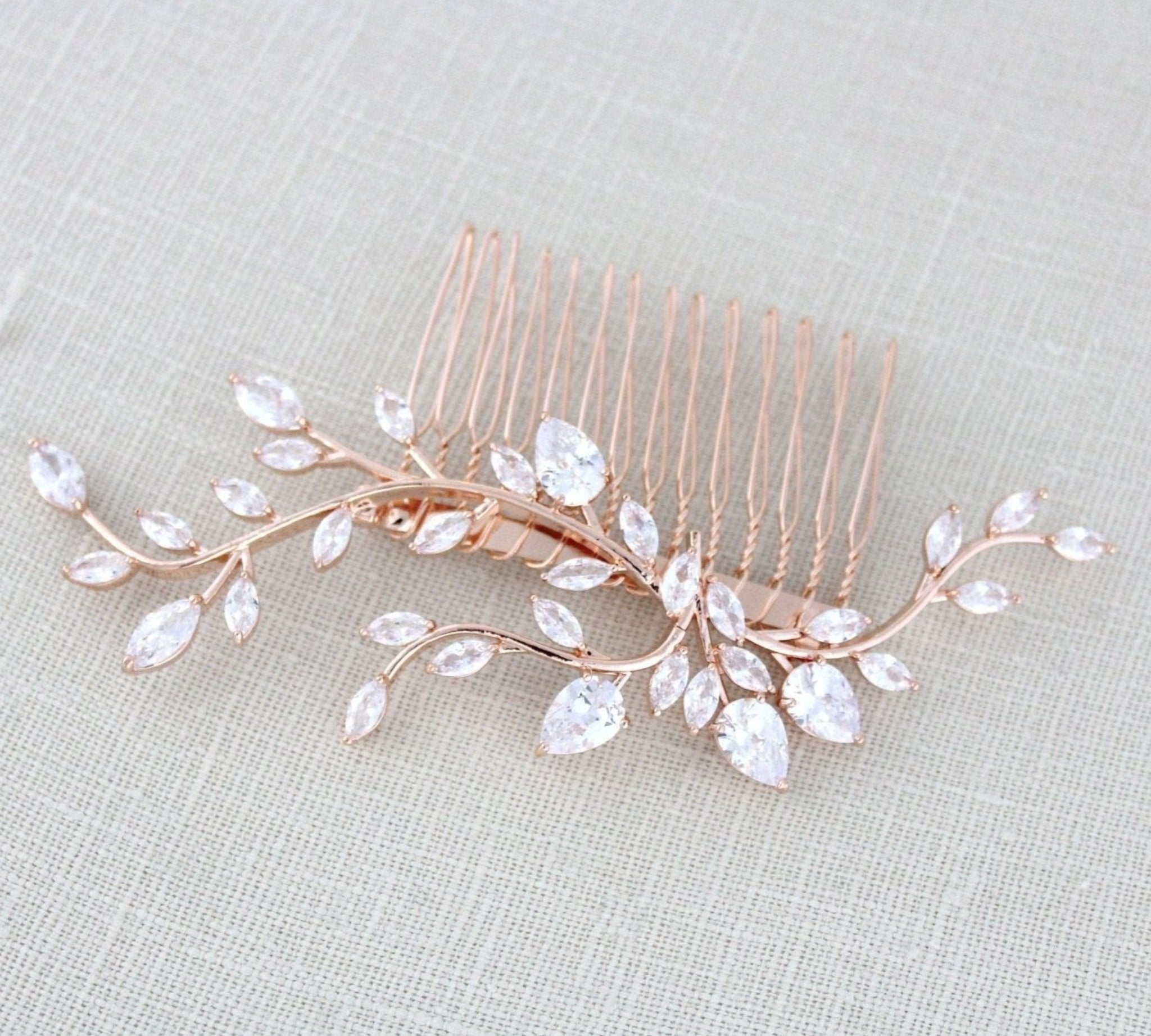 Rose gold Cubic Zirconia leaf vine Bridal hair comb - APRILLE - Treasures by Agnes