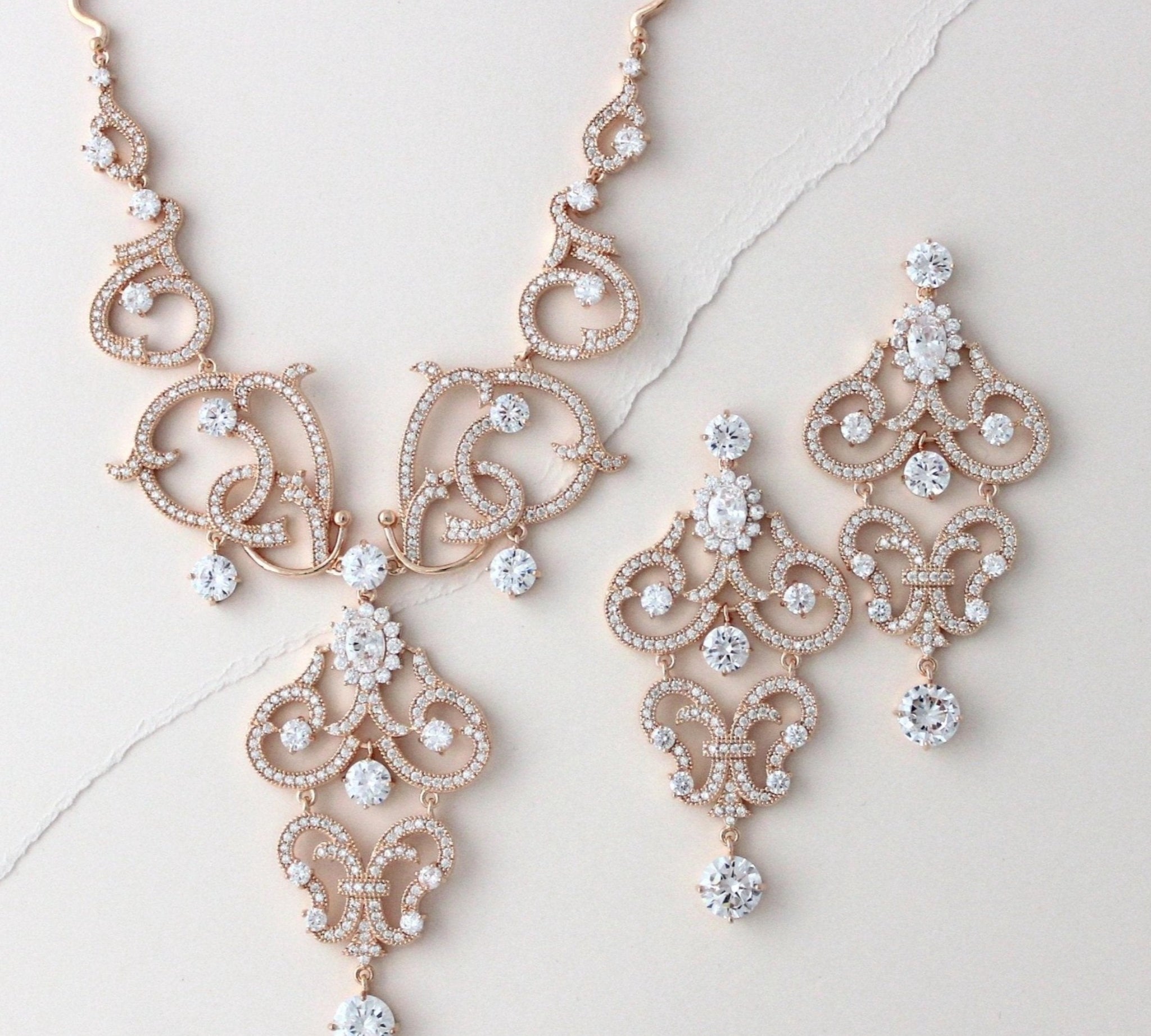 Rose gold cubic zirconia statement necklace and earring set - OLIVIA - Treasures by Agnes