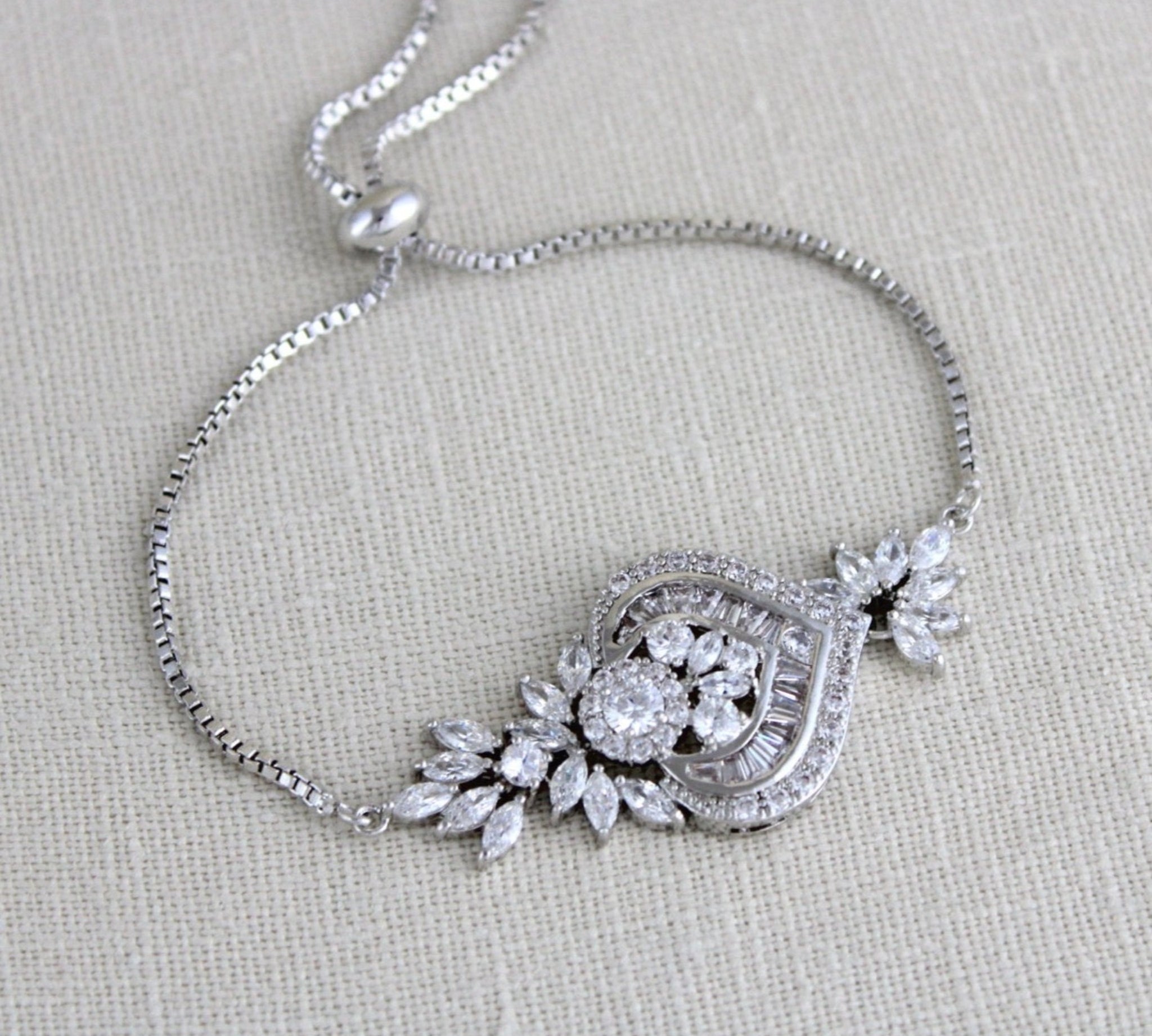 Rose gold CZ Bridal bracelet, Adjustable slide bracelet - EMMA - Treasures by Agnes
