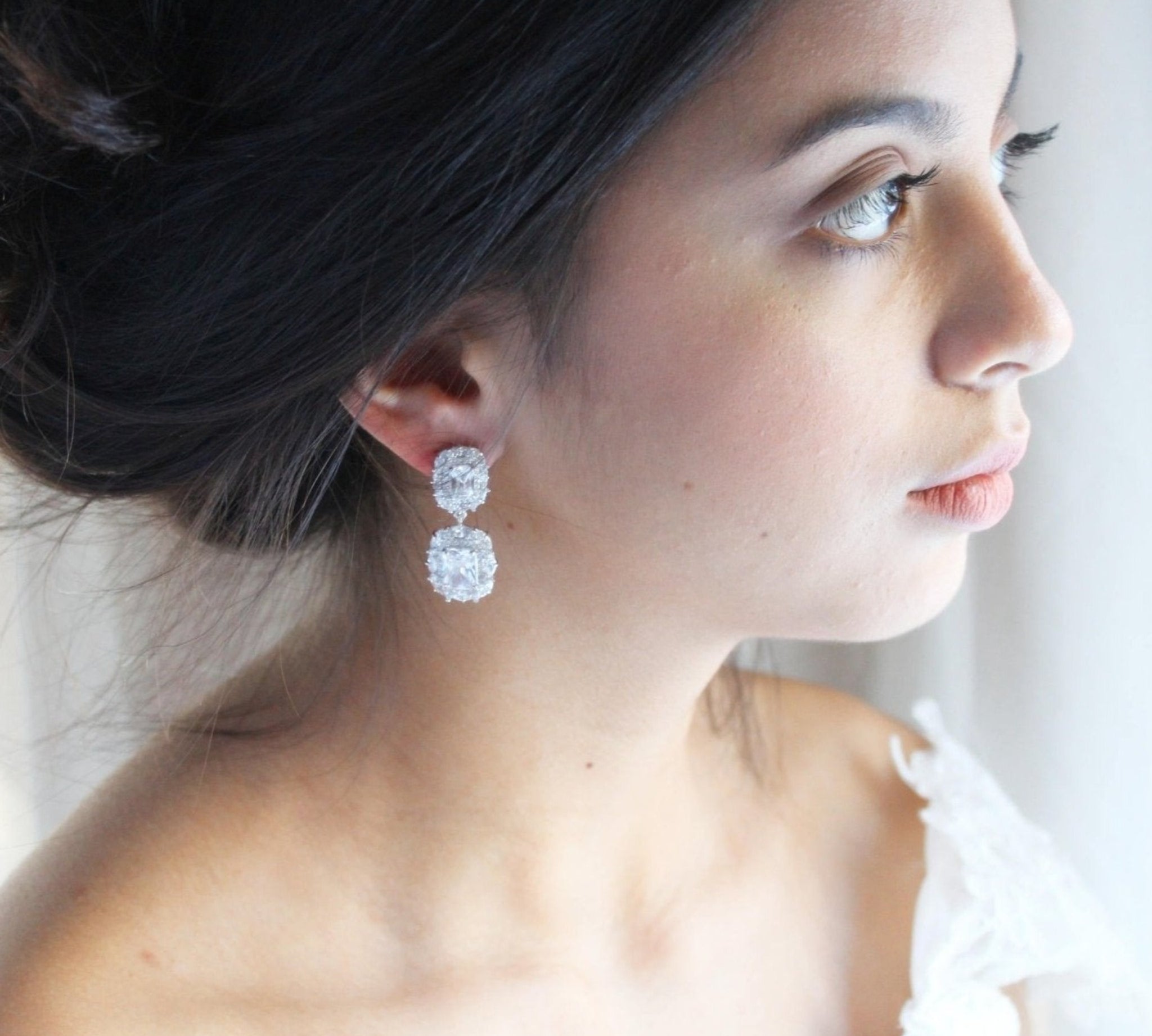 Rose gold Emerald cut Cubic Zirconia Bridal earrings - MAYA - Treasures by Agnes