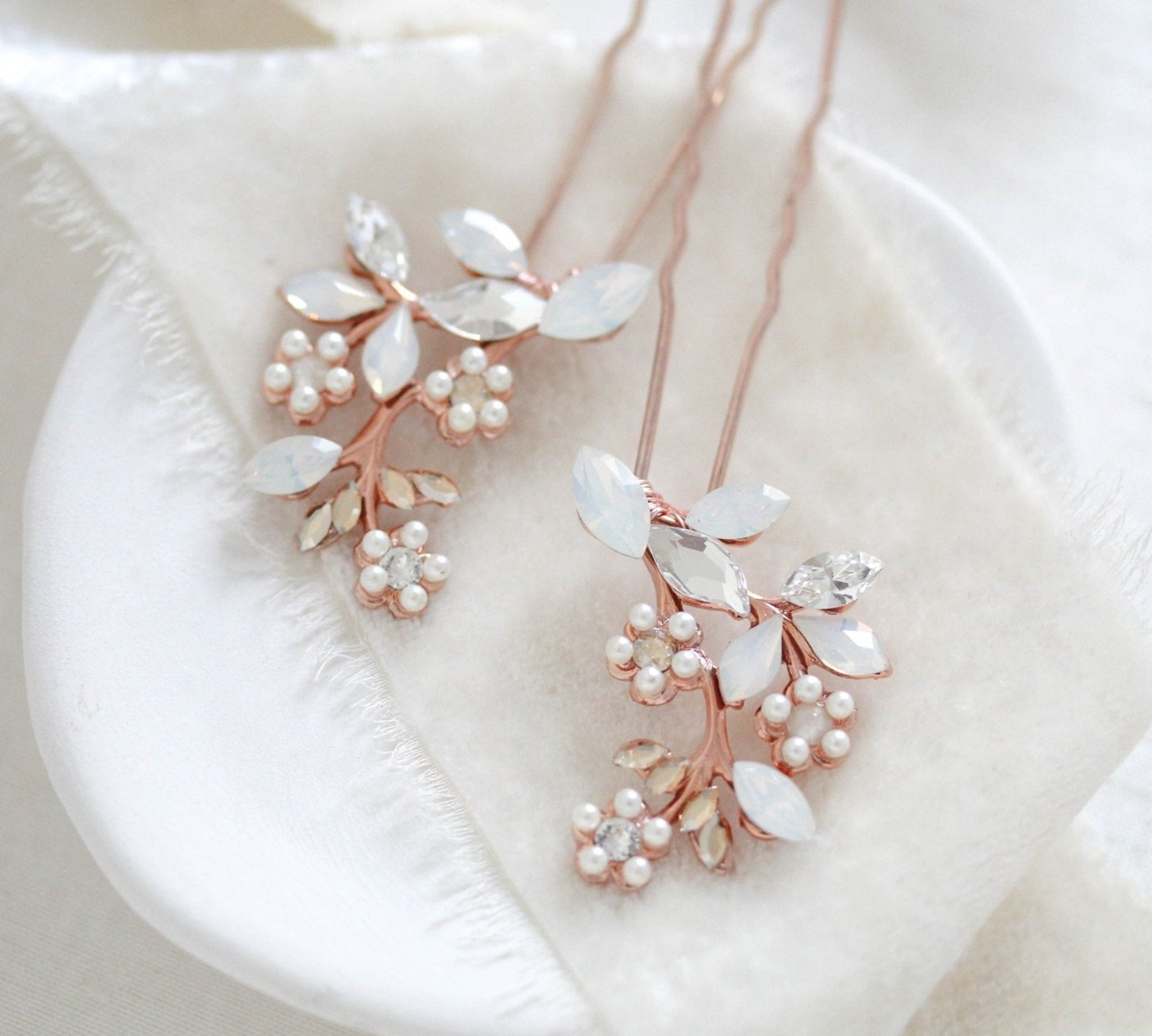 Rose gold floral Bridal hair pins with crystals and pearls - EVA - Treasures by Agnes