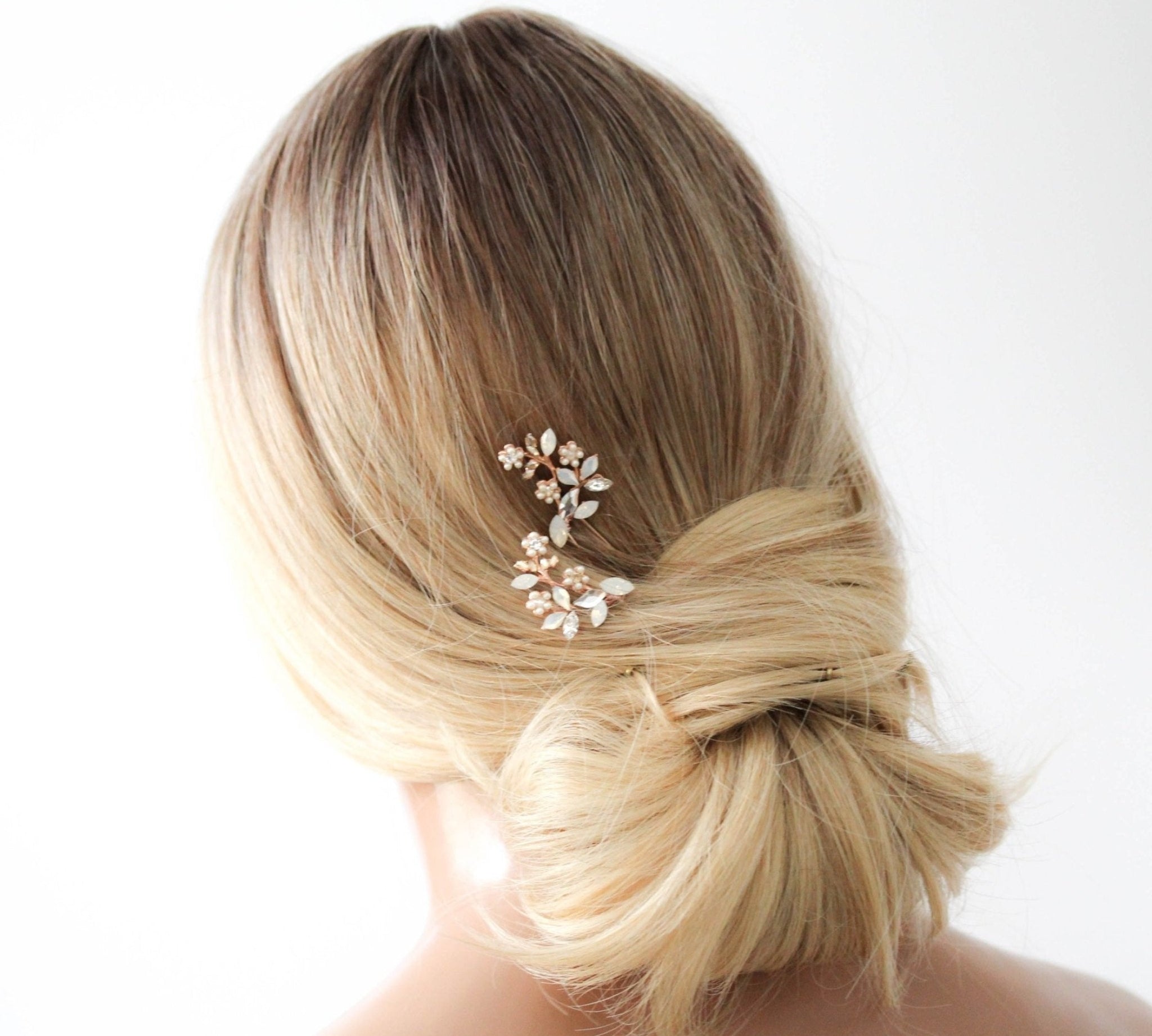 Rose gold floral Bridal hair pins with crystals and pearls - EVA - Treasures by Agnes