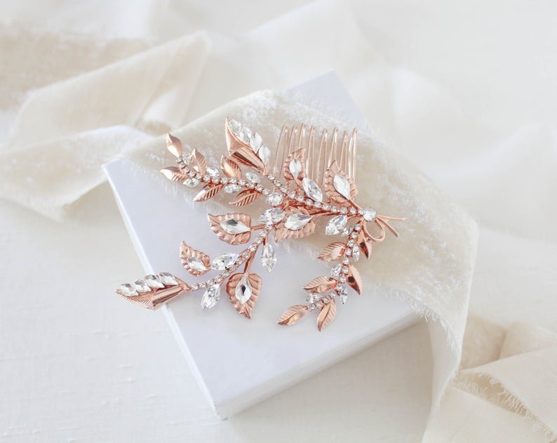 Rose gold floral hair comb with Austrian crystals - SHARON - Treasures by Agnes