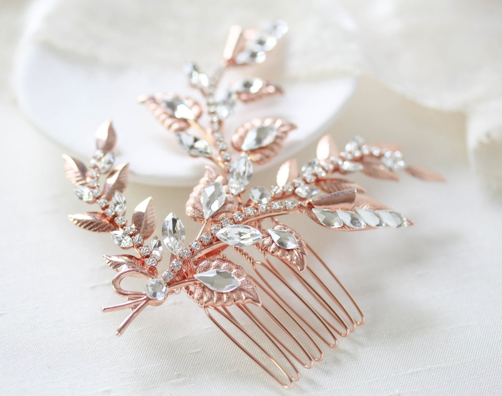 Rose gold floral hair comb with Austrian crystals - SHARON - Treasures by Agnes