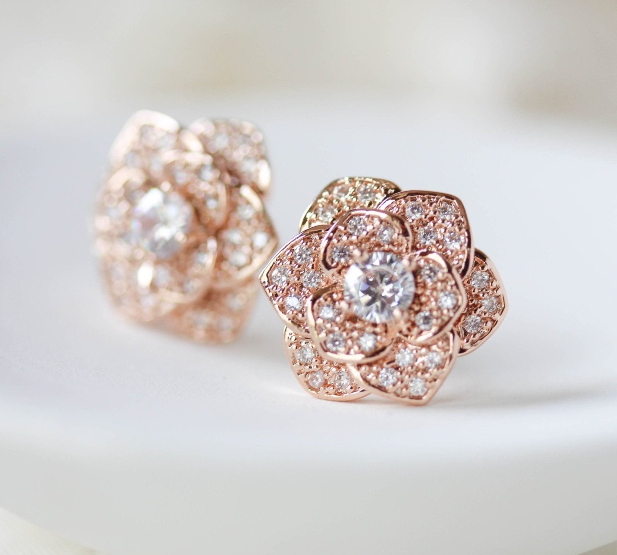 Rose gold flower stud CZ Bridal earrings Bridesmaid jewelry - MORGAN - Treasures by Agnes