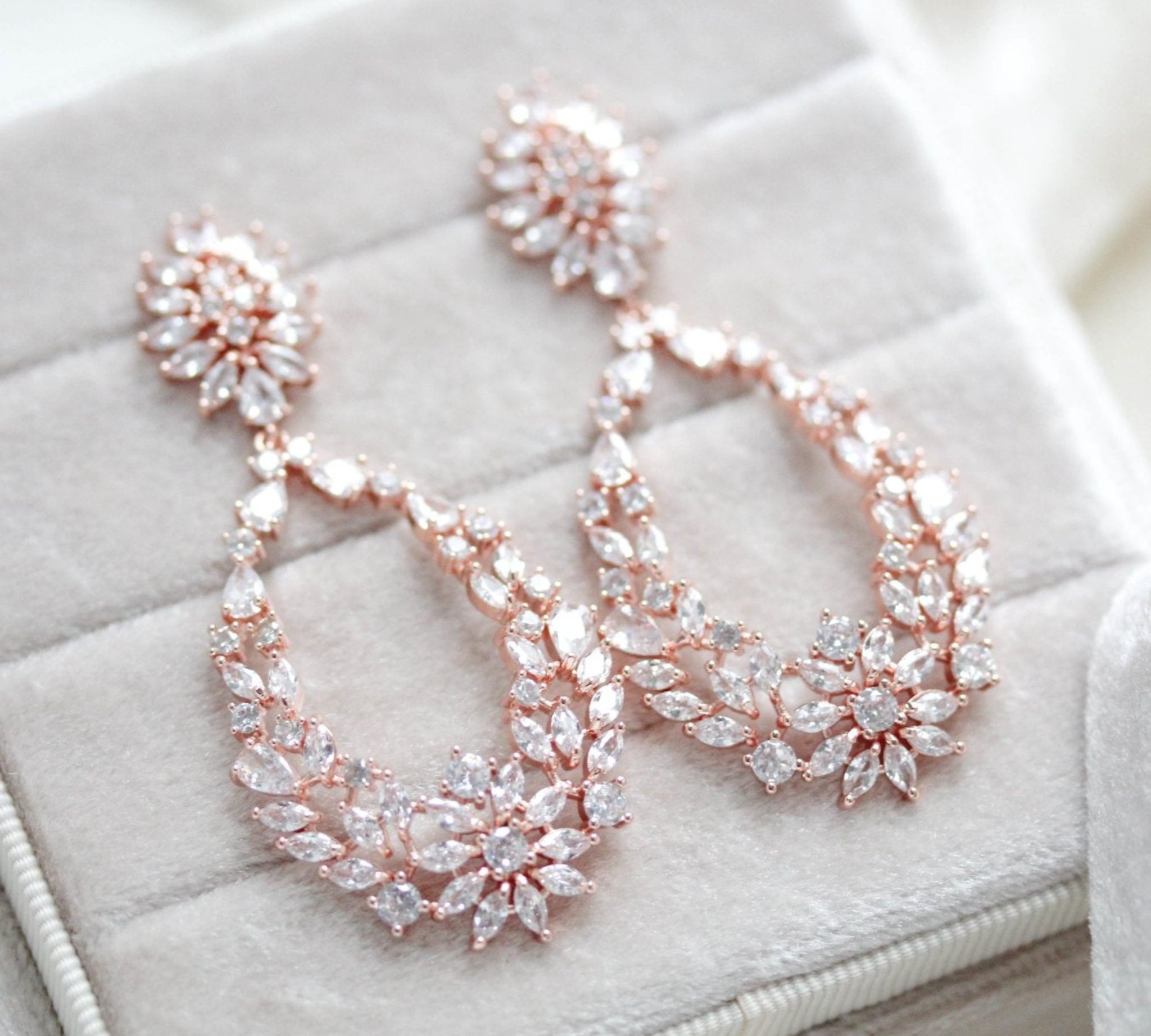 Rose gold hoop style Bridal earrings with CZ stones - KIMBERLY - Treasures by Agnes