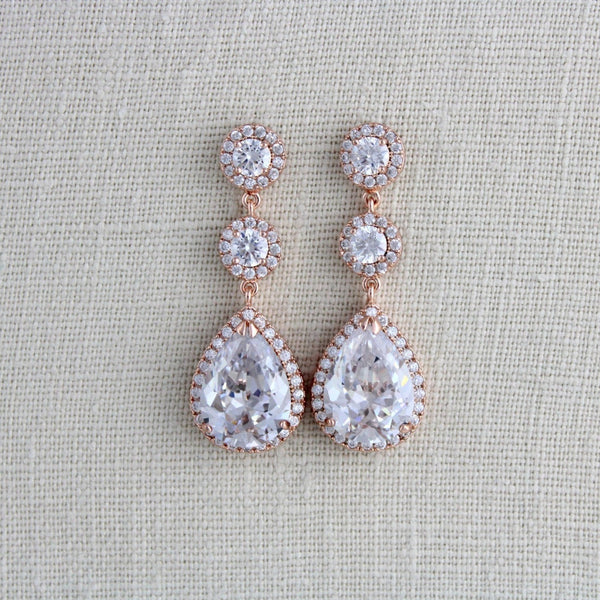 Rose gold Teardrop CZ dangle wedding earrings - Treasures by Agnes