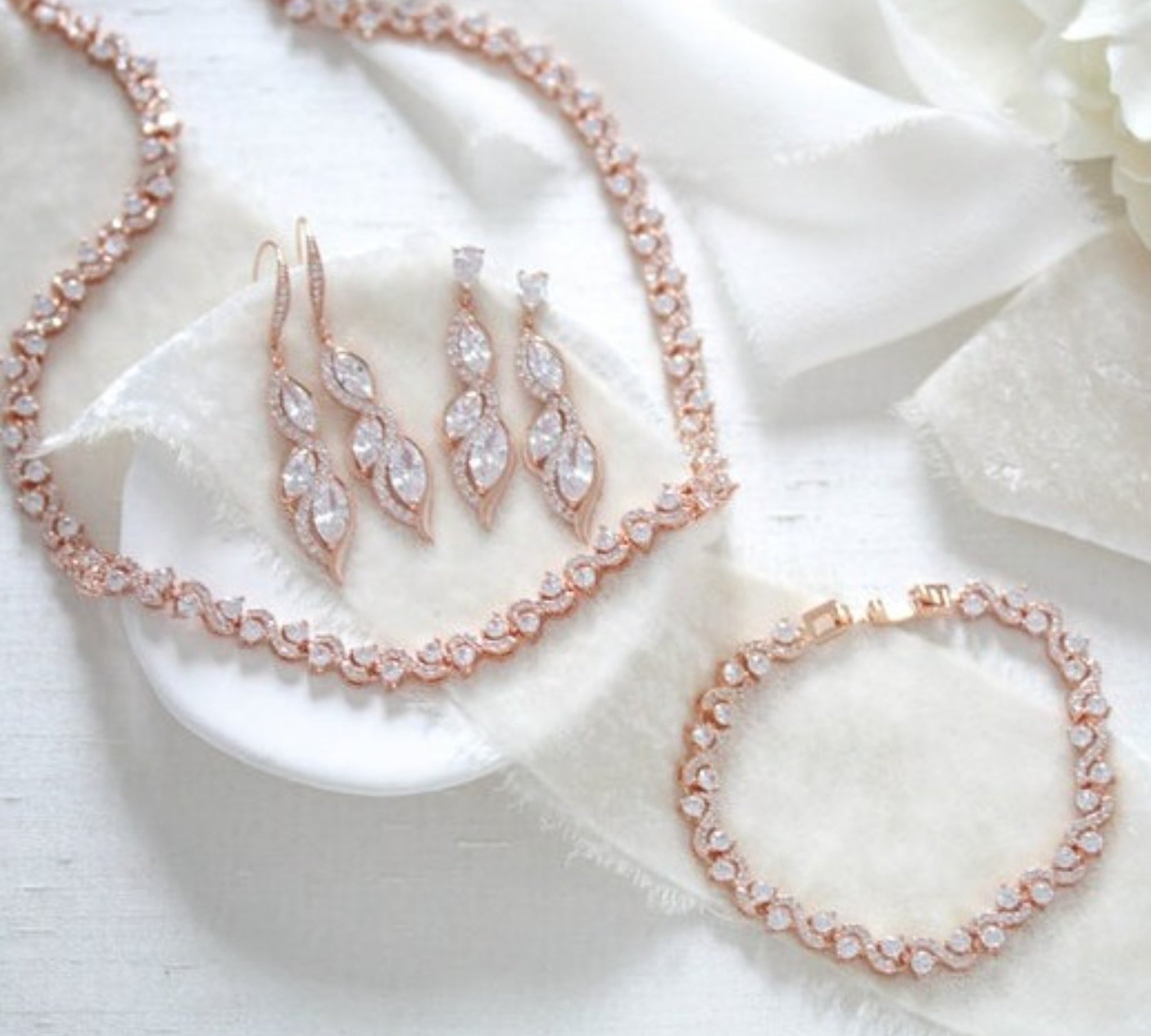 Rose gold Wedding jewelry set, Necklace, earrings and bracelet set - HADLEY - Treasures by Agnes