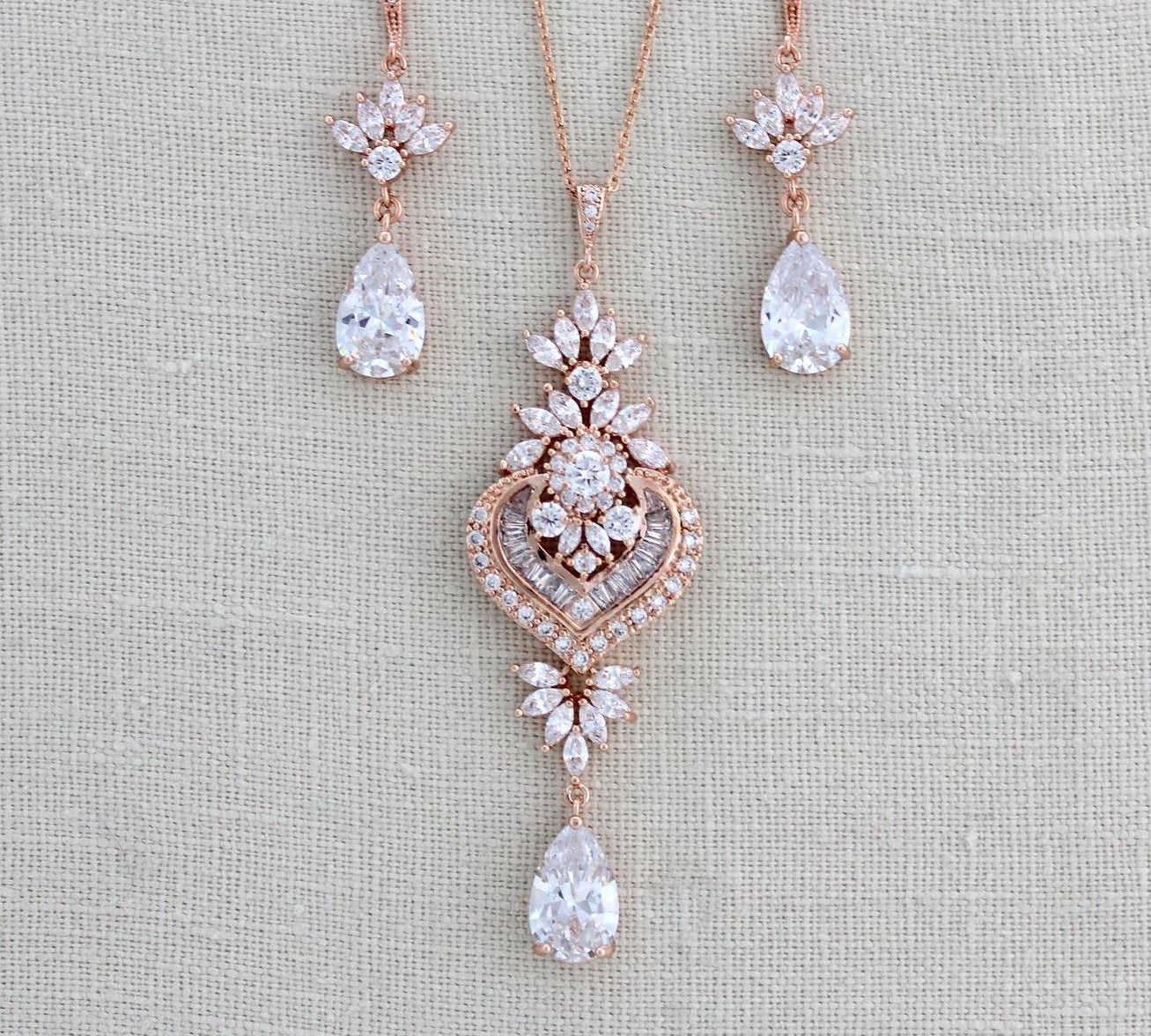 Rose gold Wedding necklace and earring set - EMMA - Treasures by Agnes