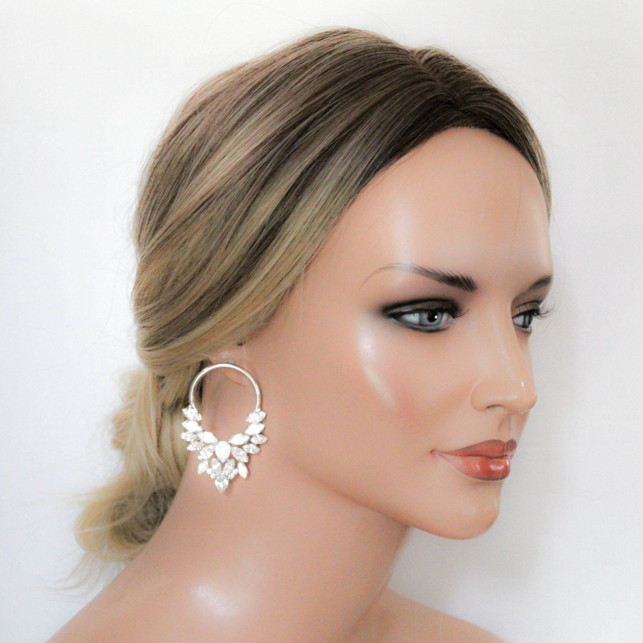 Silver hoop earrings with white opal crystals - ANASTASIA - Treasures by Agnes